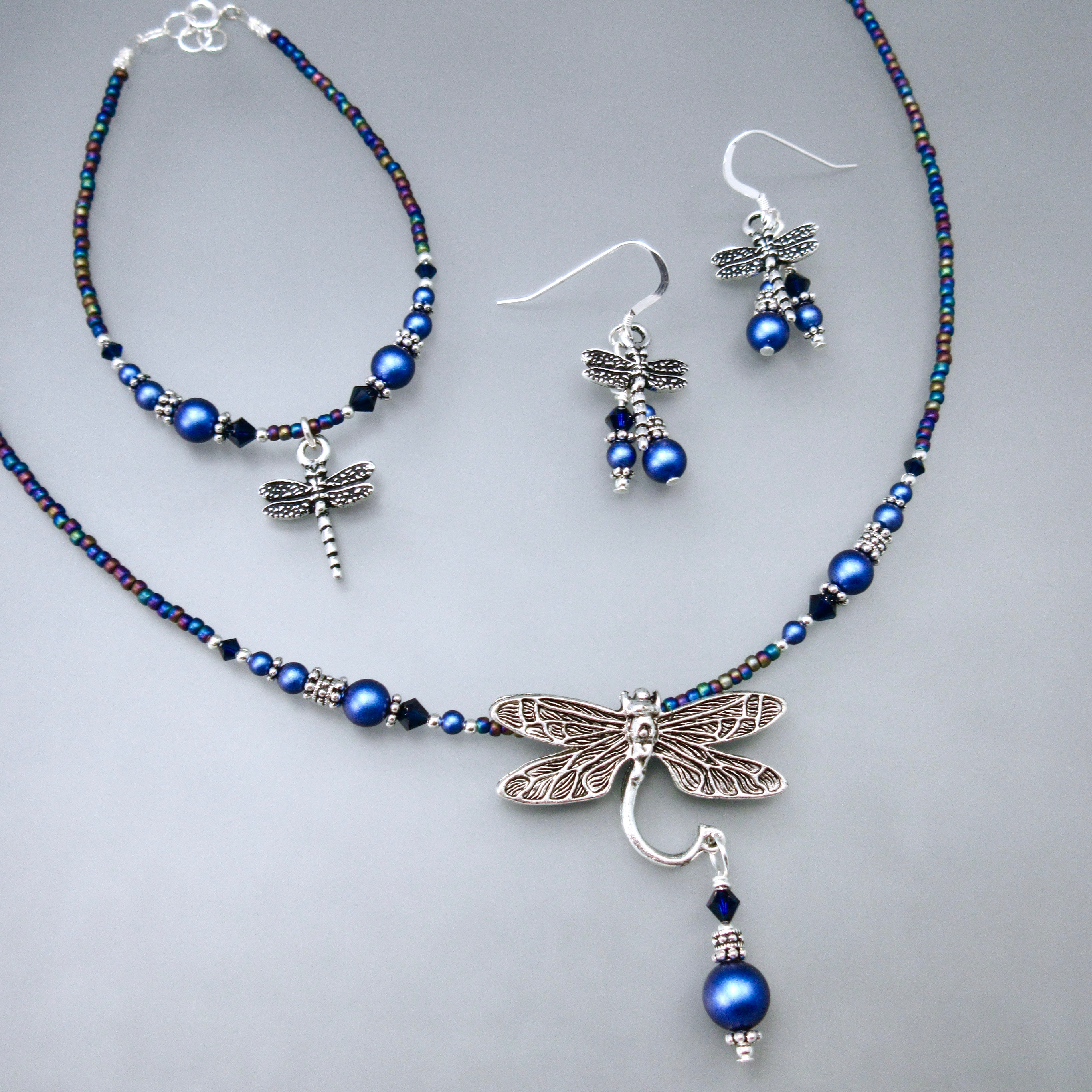 Denim Blue Dragonfly Cluster Earrings