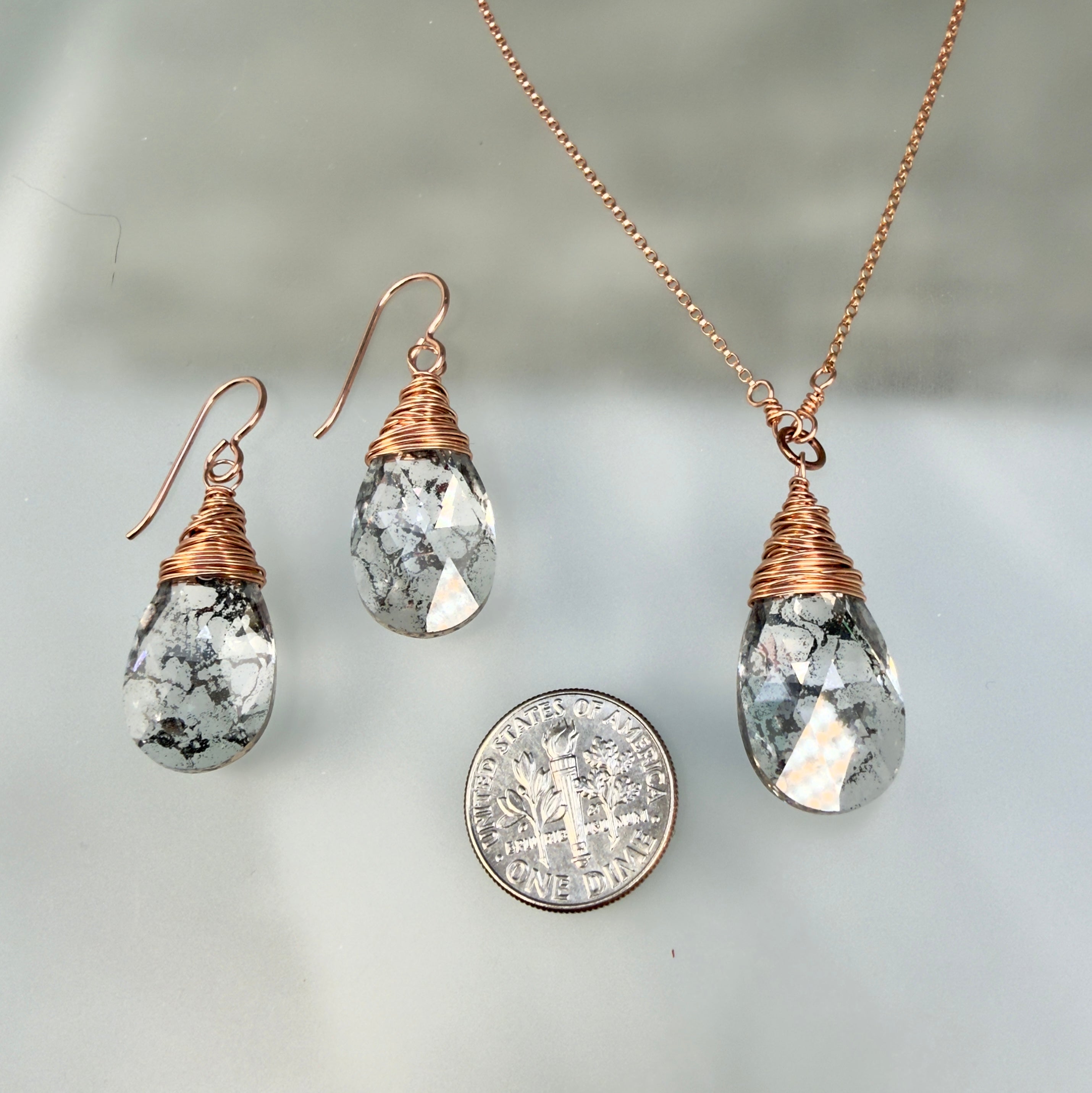 Crystal Pendant Necklace and Earrings Set on Rose Gold Filled
