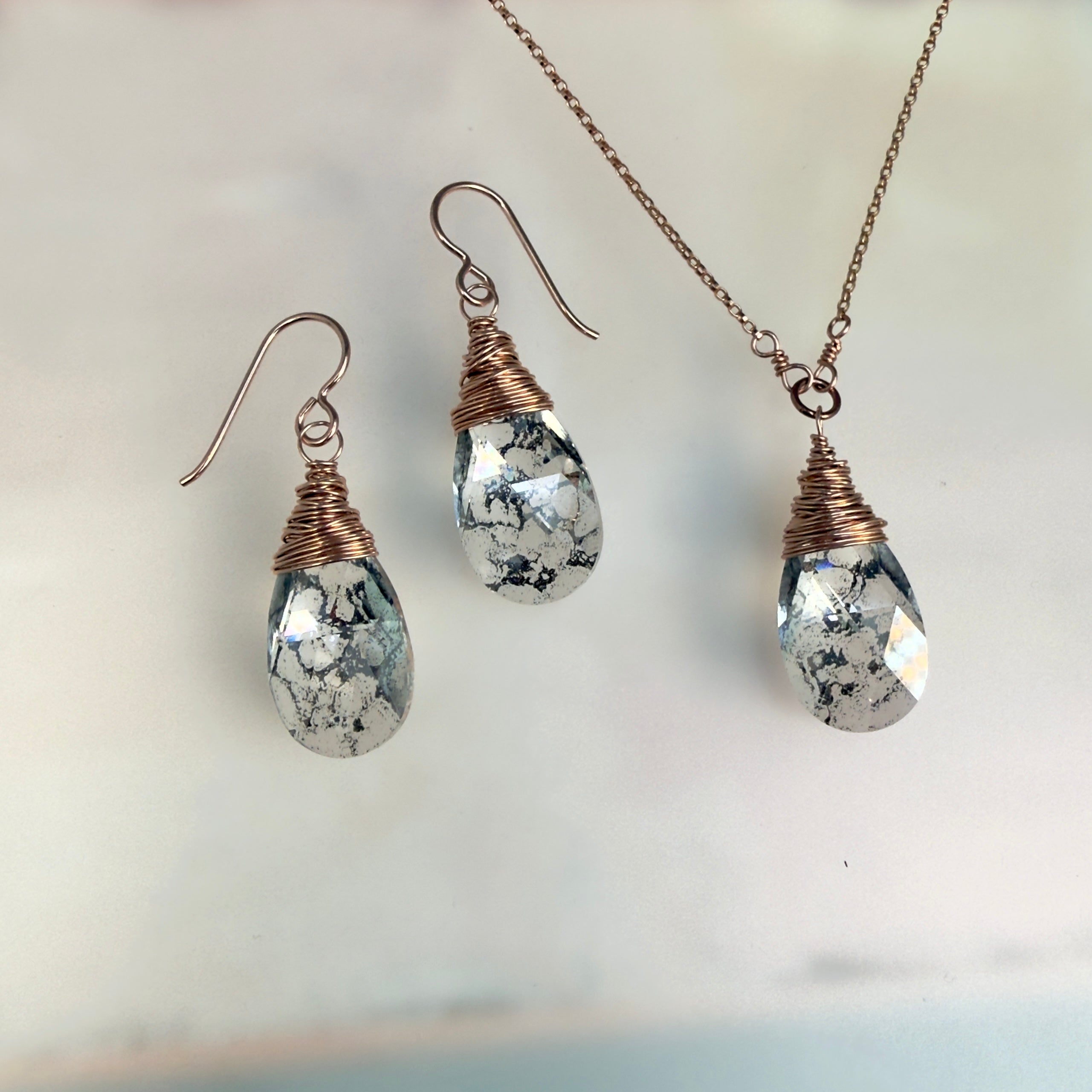 Crystal Pendant Necklace and Earrings Set on Rose Gold Filled