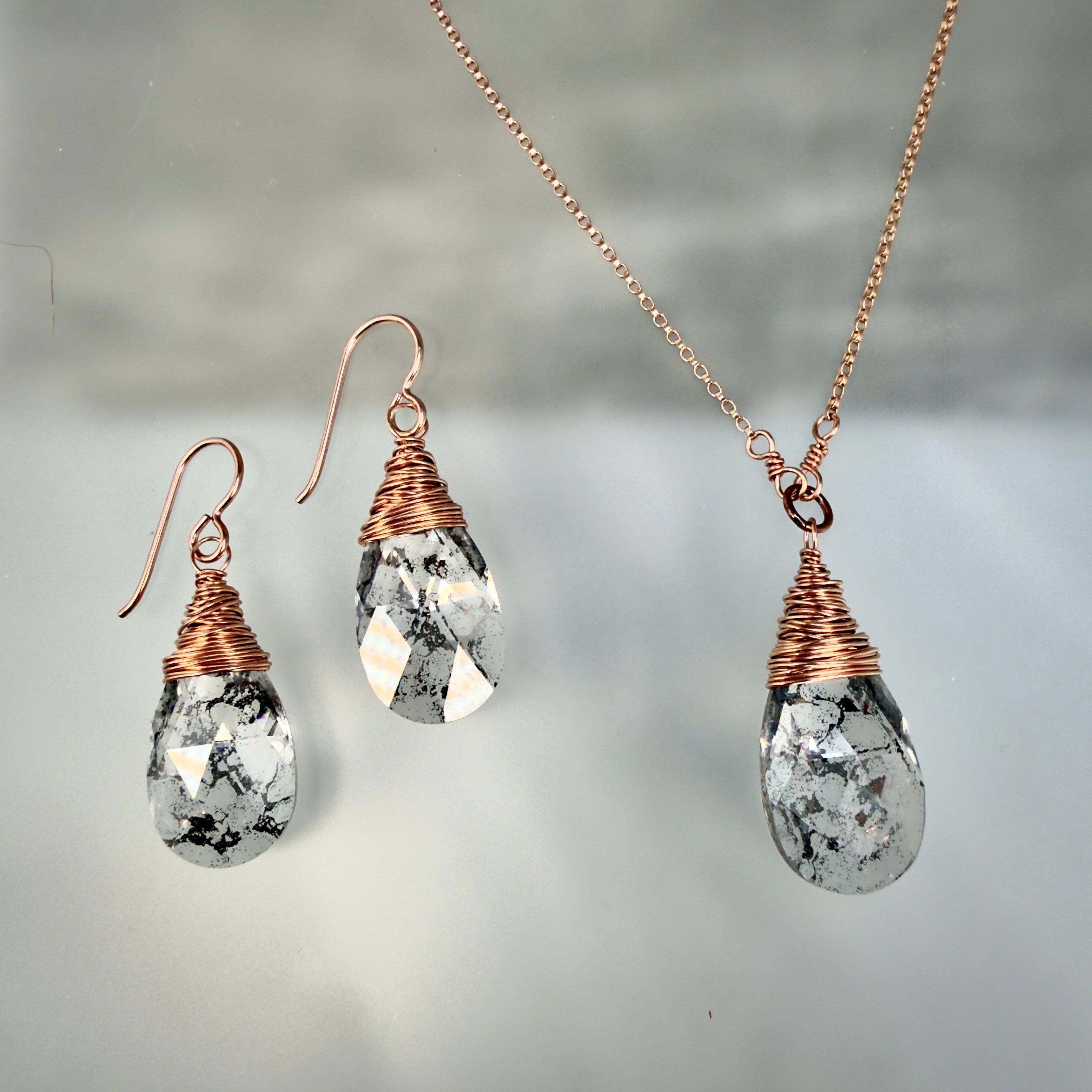Crystal Pendant Necklace and Earrings Set on Rose Gold Filled