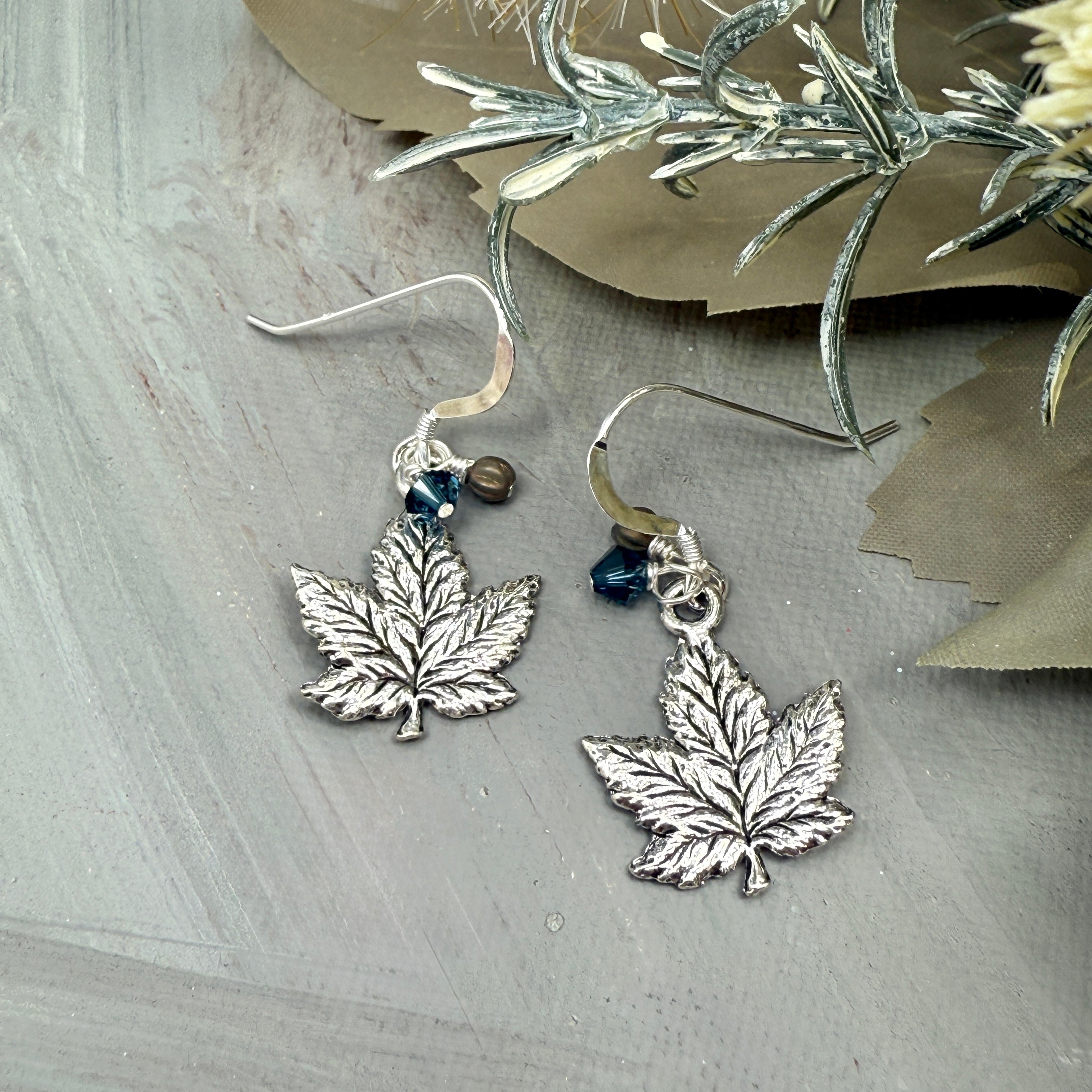 Maple Leaf Earrings - blue/olive