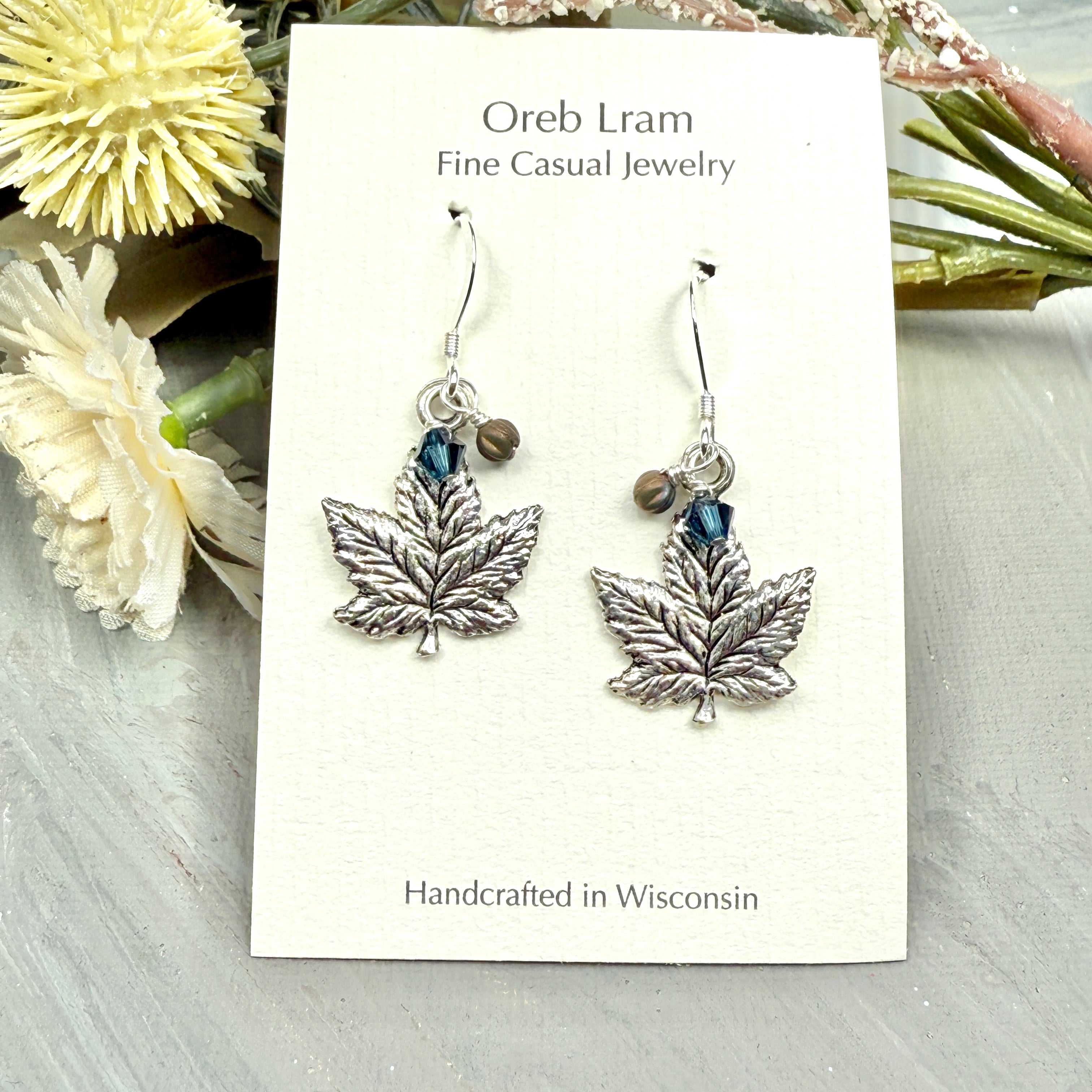 Maple Leaf Earrings - blue/olive