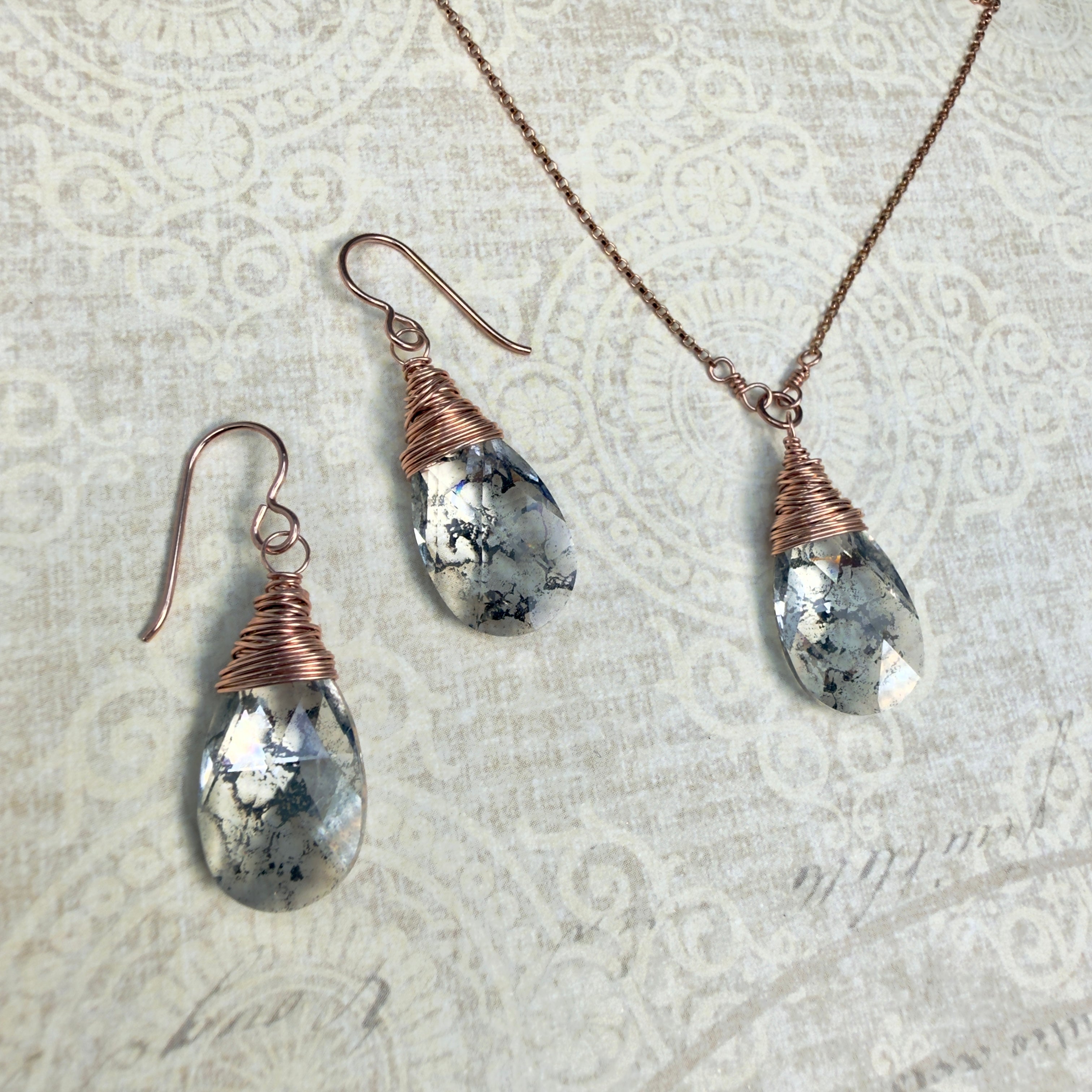 Crystal Pendant Necklace and Earrings Set on Rose Gold Filled
