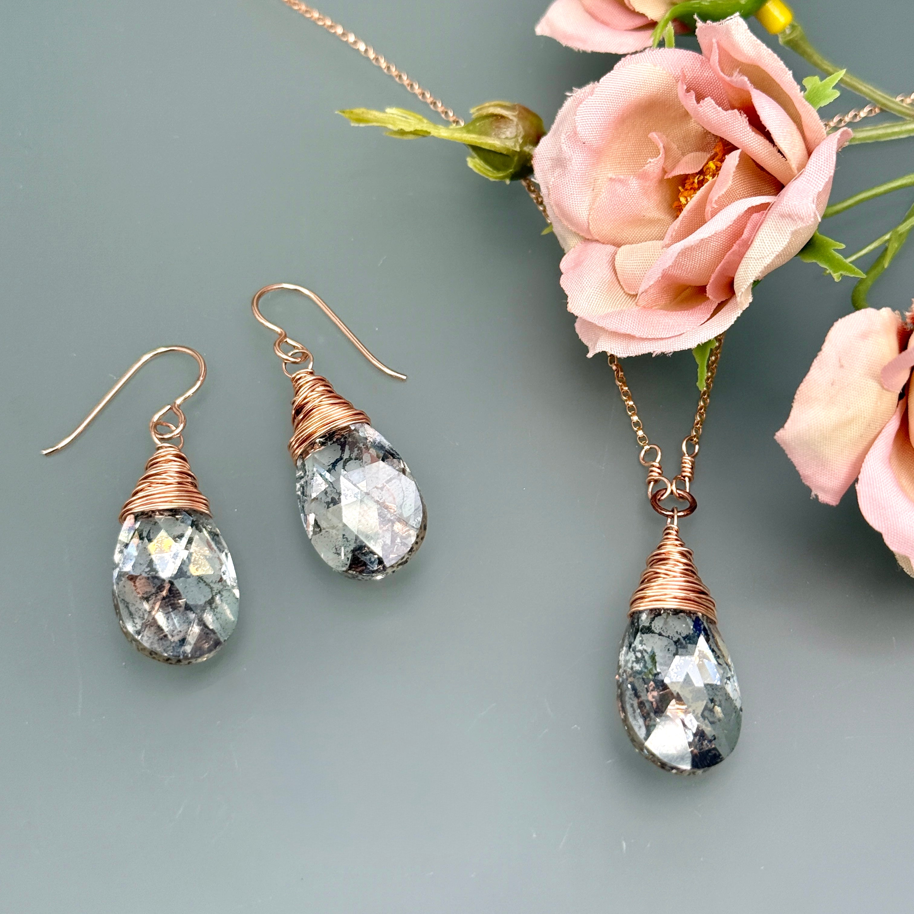 Crystal Pendant Necklace and Earrings Set on Rose Gold Filled