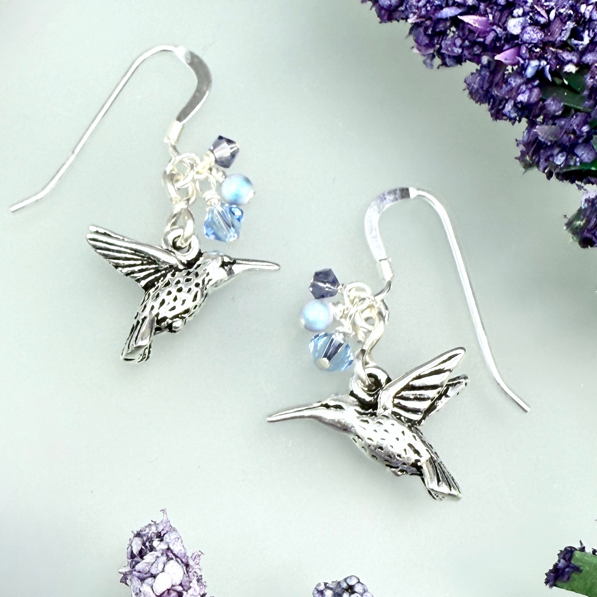 Hummingbird chain necklace and earrings - true blue