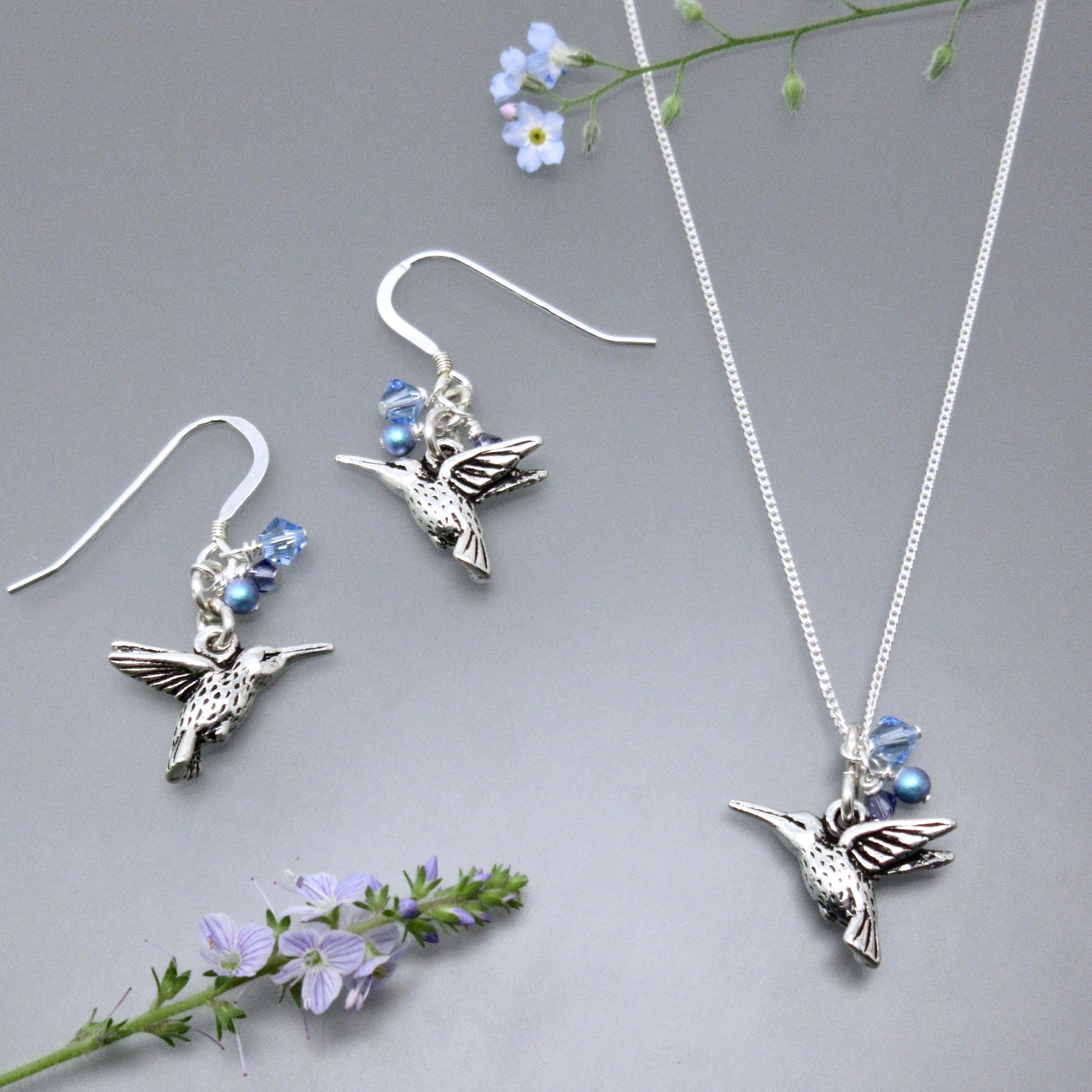 Hummingbird chain necklace and earrings - true blue