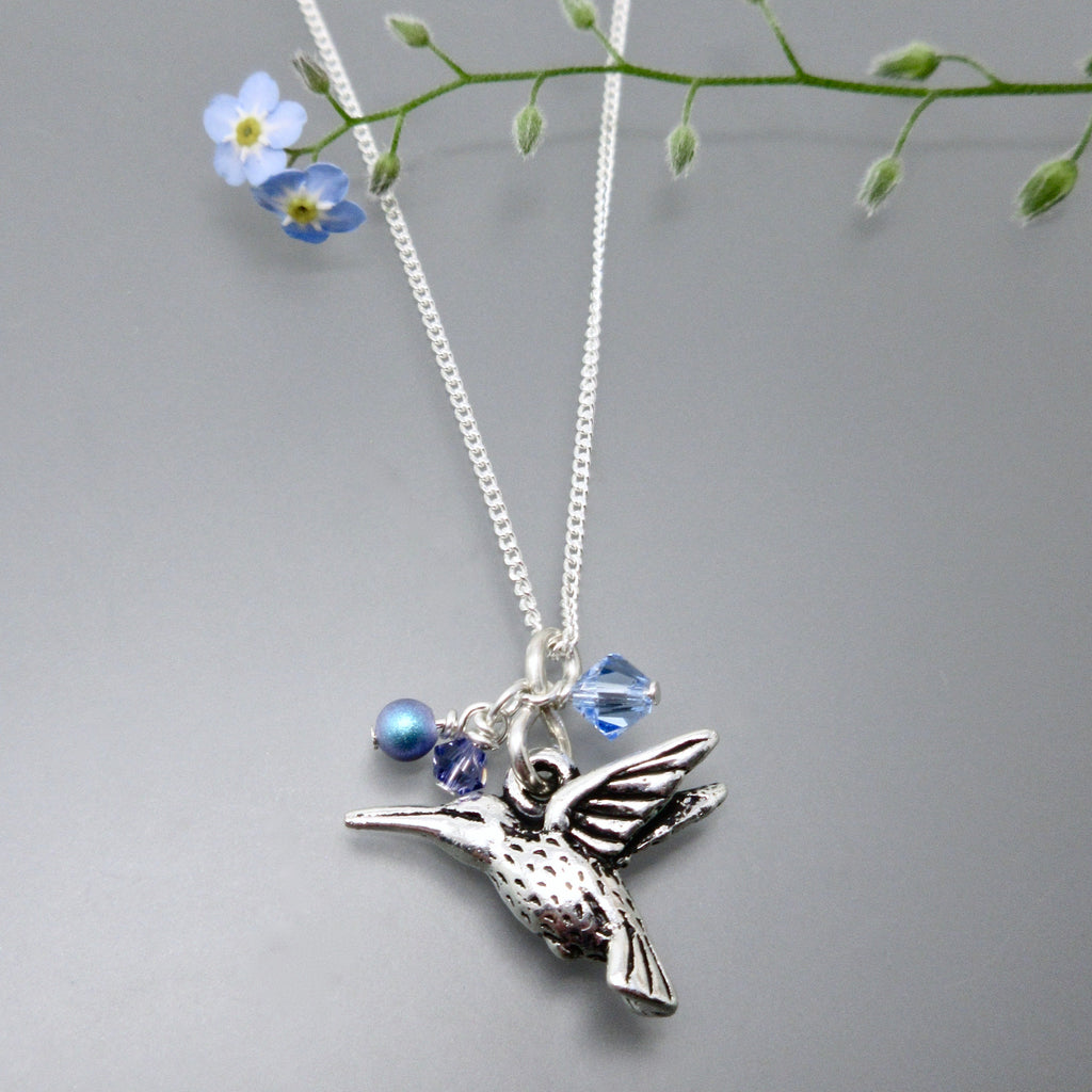 Hummingbird chain necklace and earrings - true blue