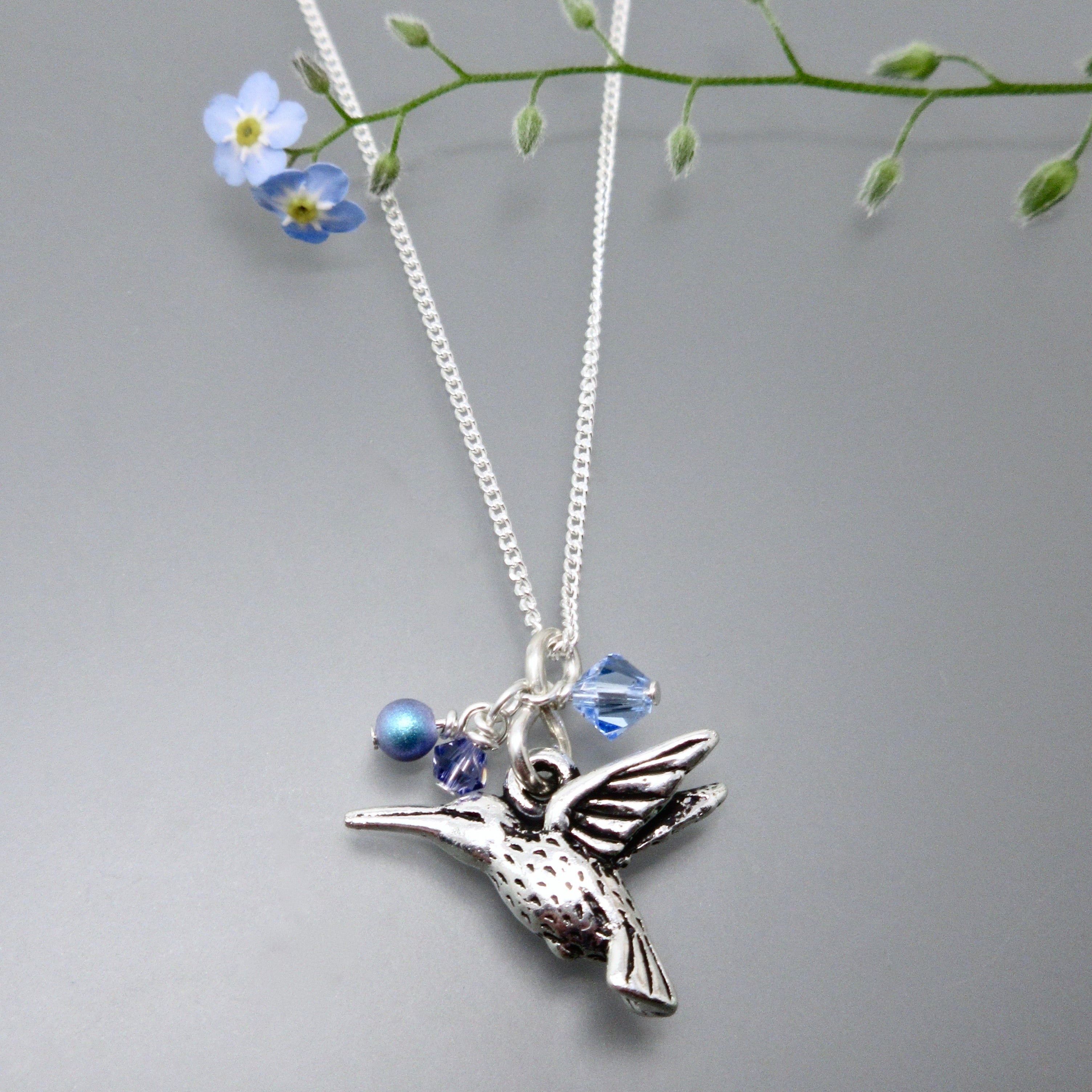 Hummingbird chain necklace and earrings - true blue