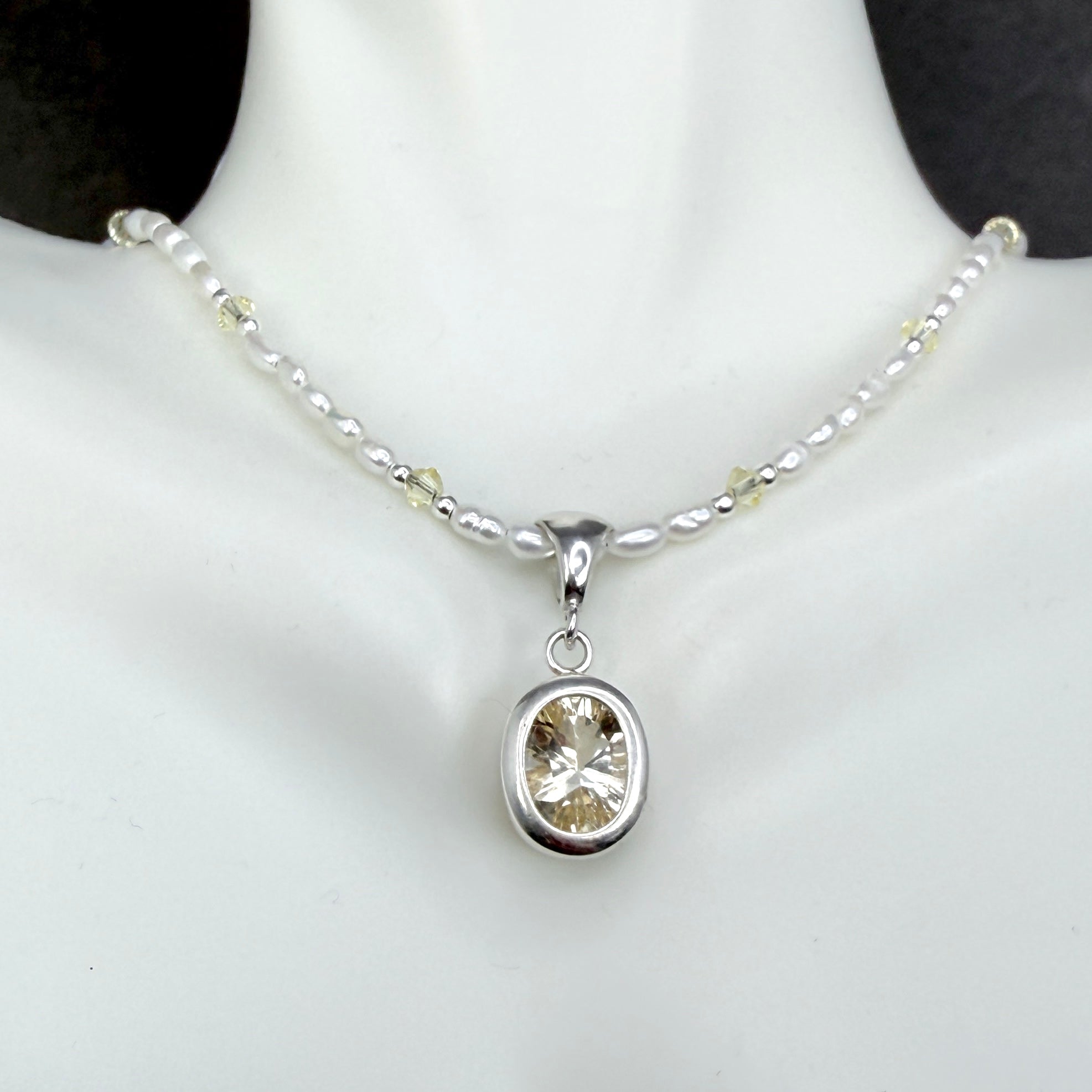 Pale yellow Labradorite with pearls and crystals