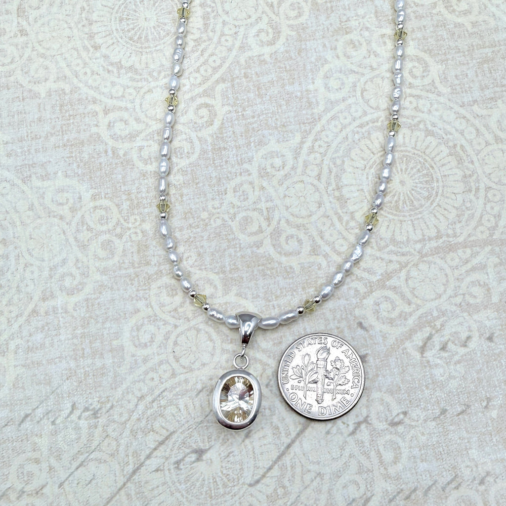 Pale yellow Labradorite with pearls and crystals