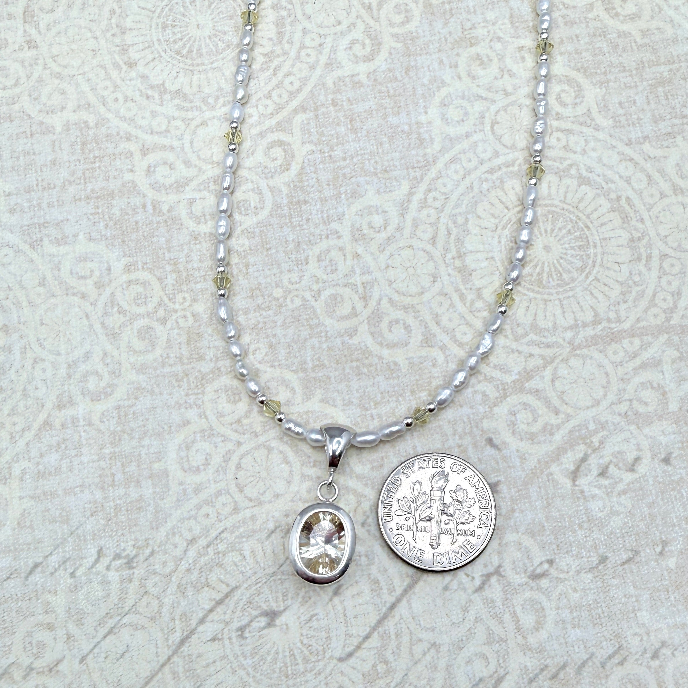 Pale yellow Labradorite with pearls and crystals