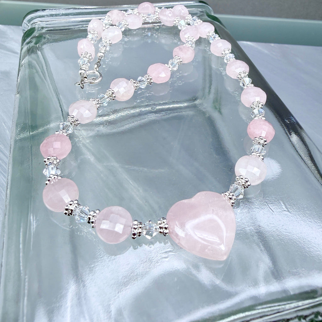 Rose Quartz Heart Necklace with crystal