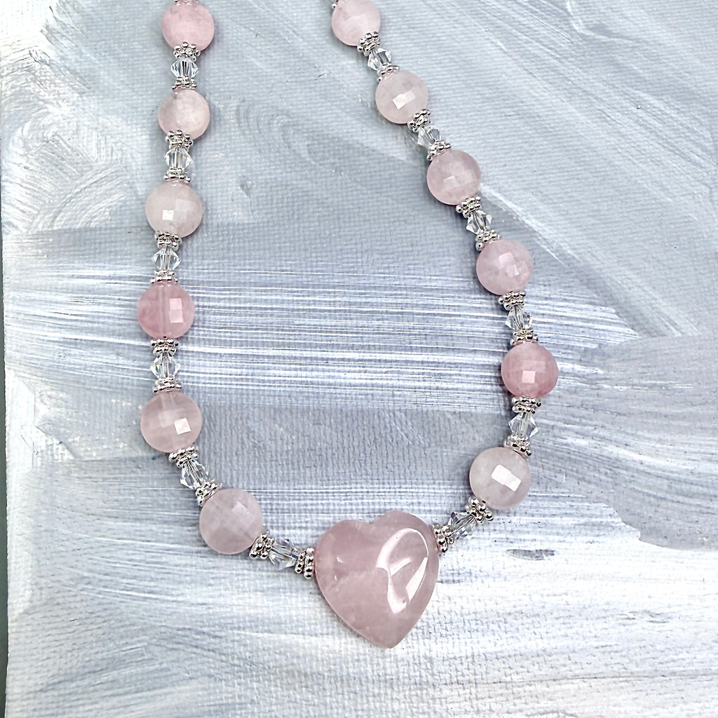 Rose Quartz Heart Necklace with crystal