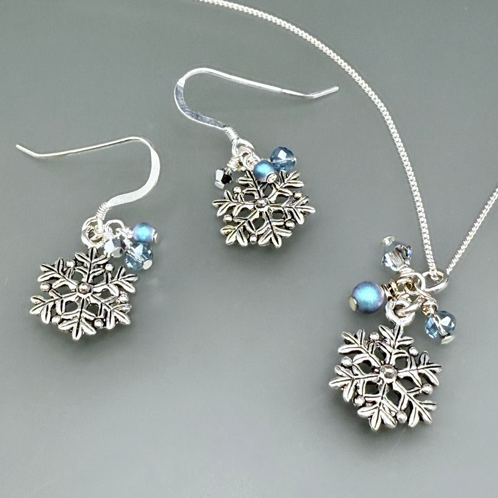 Snowflake Chain Necklace and Earrings Set - aurora blue and silver