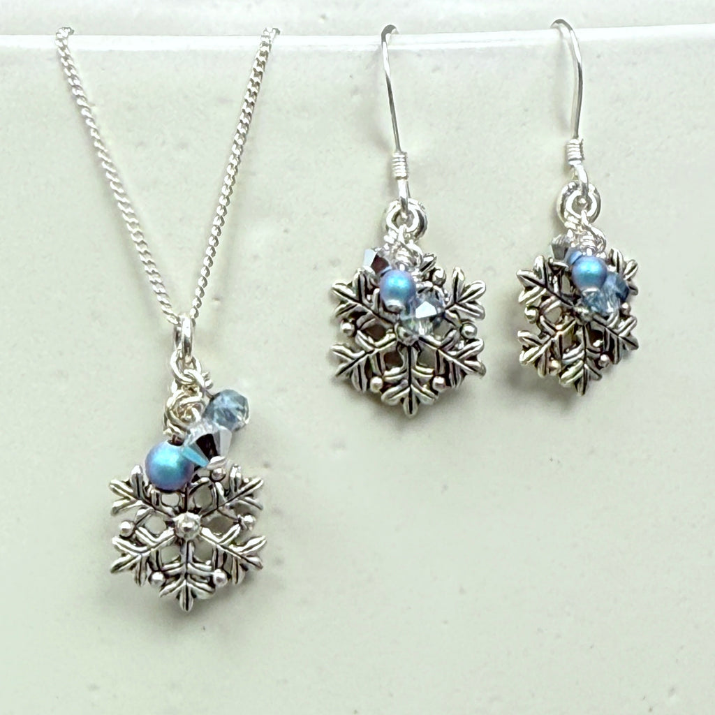 Snowflake Chain Necklace and Earrings Set - aurora blue and silver