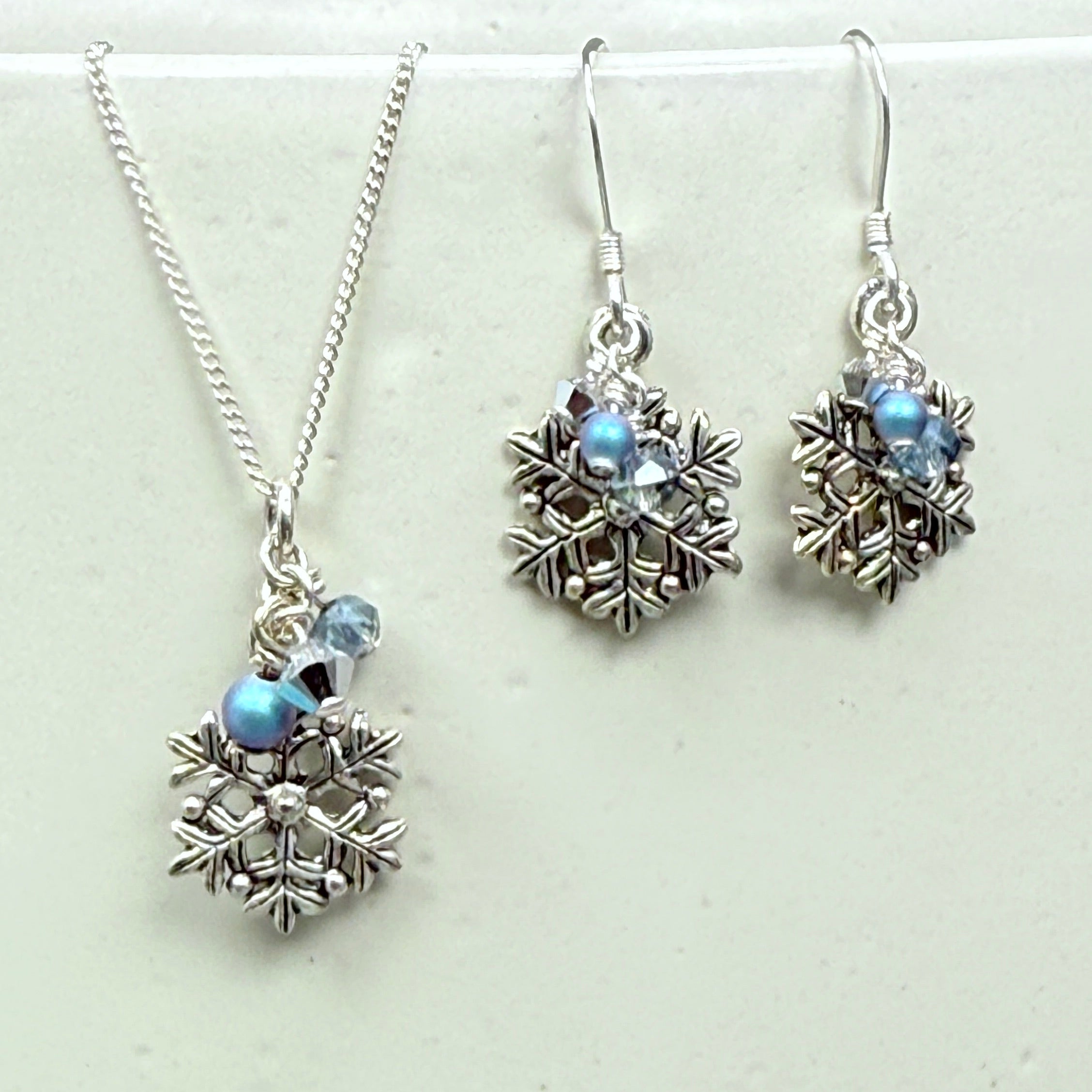 Snowflake Chain Necklace and Earrings Set - aurora blue and silver
