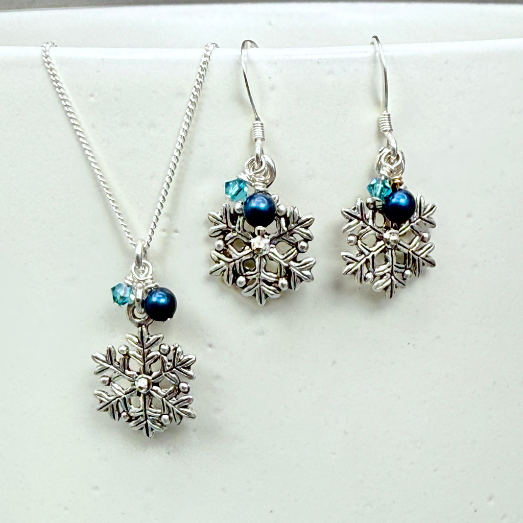 Snowflake Chain Necklace and Earrings Set - Teal
