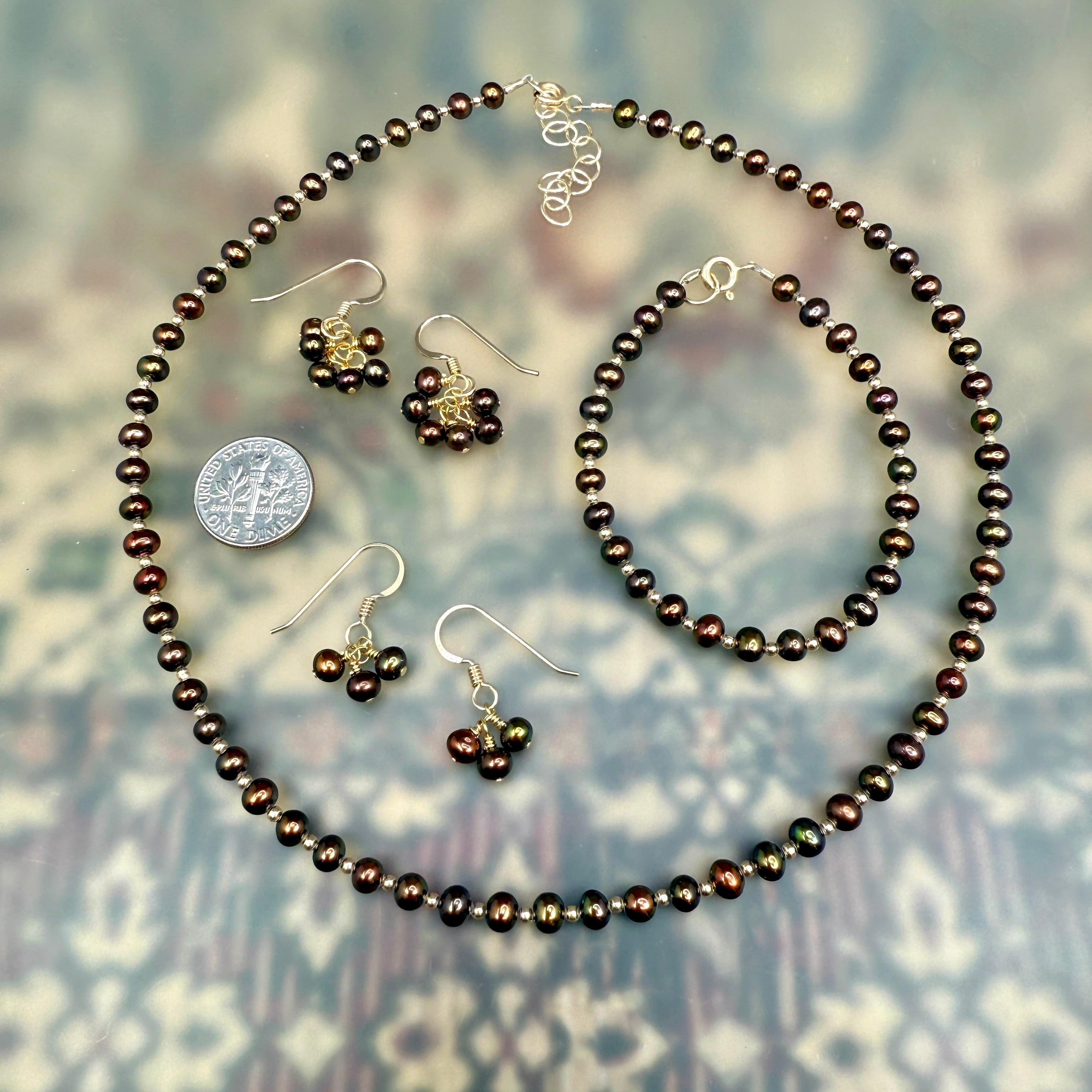 Brown pearls with gold- Necklace, bracelet, earrings