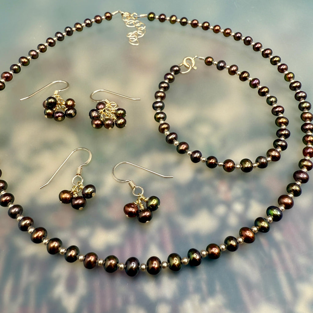 Brown pearls with gold- Necklace, bracelet, earrings