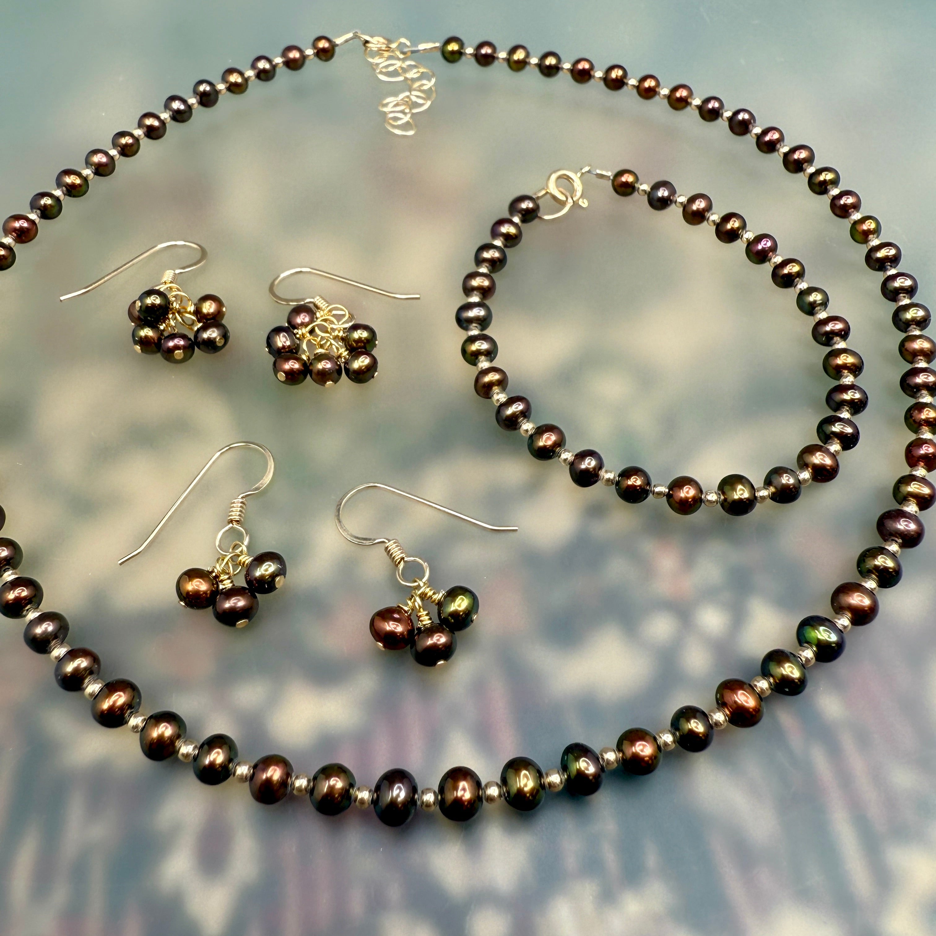 Brown pearls with gold- Necklace, bracelet, earrings