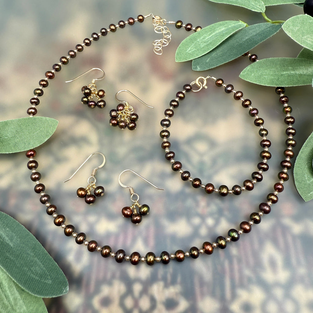 Brown pearls with gold- Necklace, bracelet, earrings