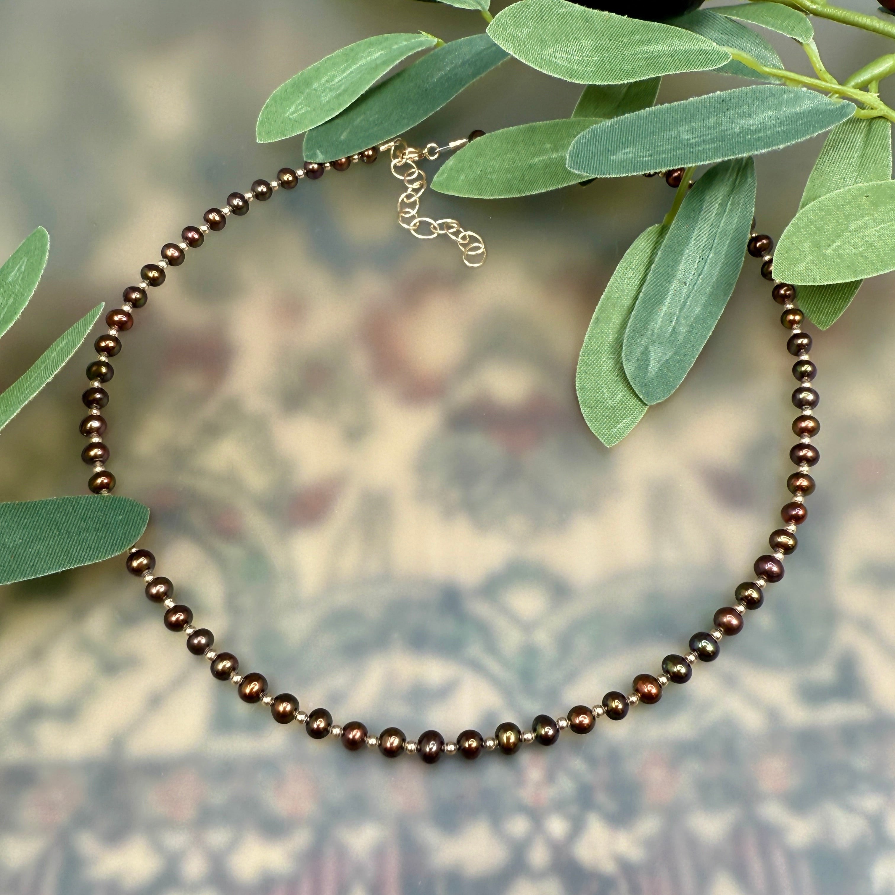 Brown pearls with gold- Necklace, bracelet, earrings