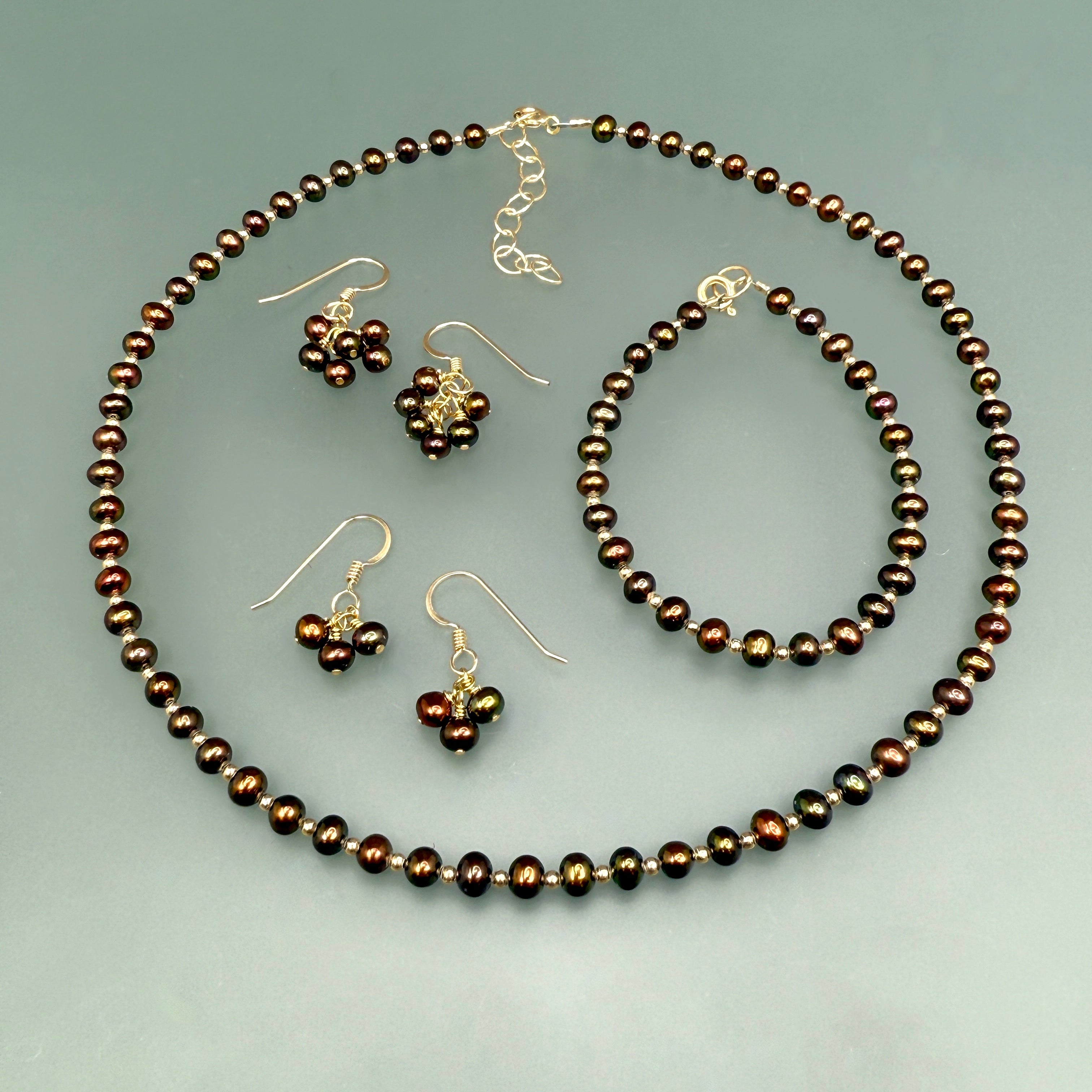 Brown pearls with gold- Necklace, bracelet, earrings
