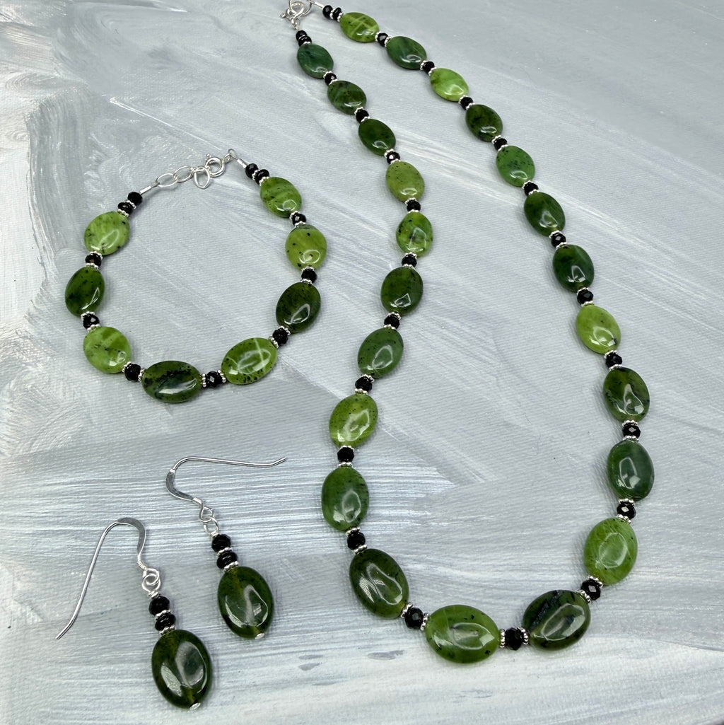 Jade with Black Necklace, Bracelet, Earrings - in silver
