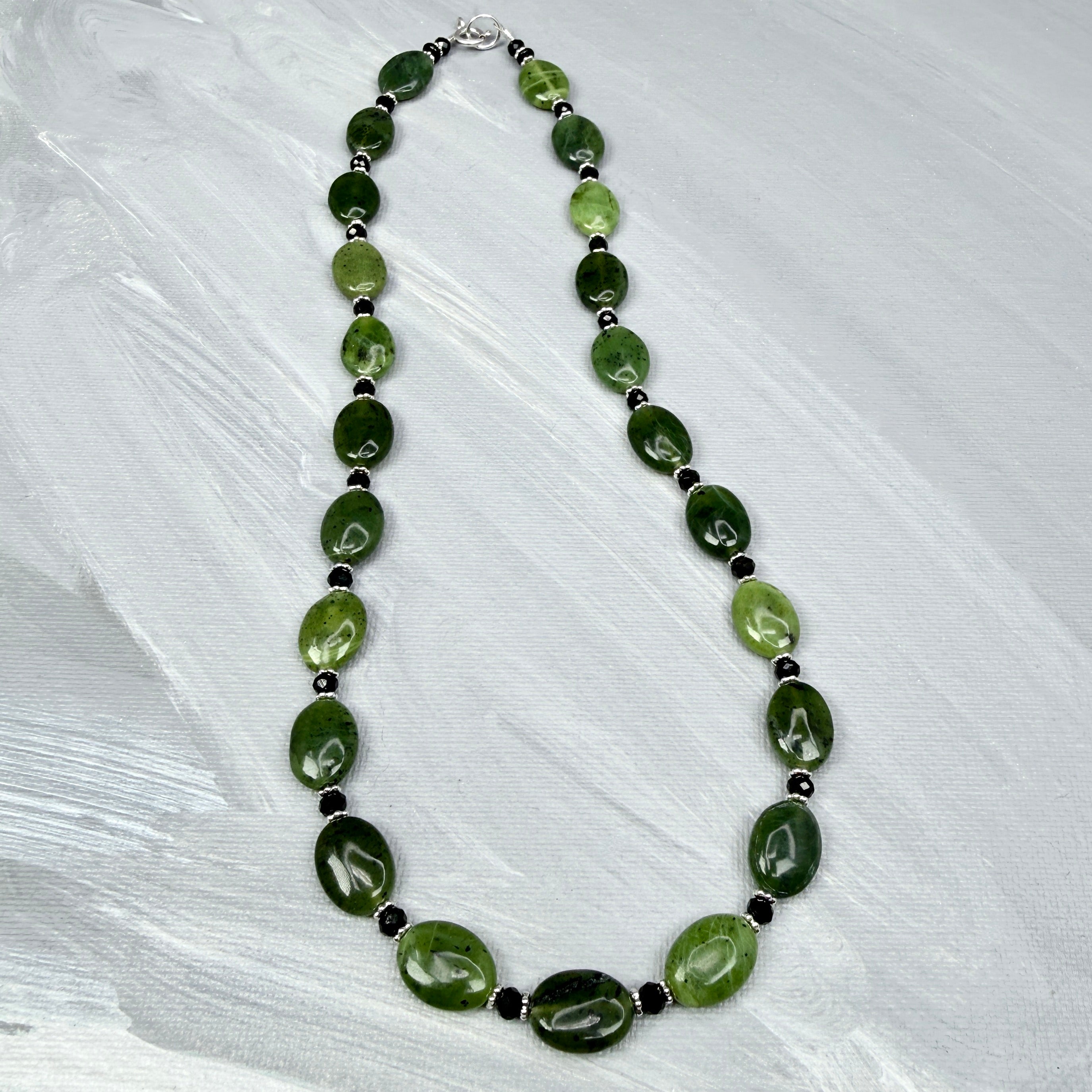 Jade with Black Necklace, Bracelet, Earrings - in silver