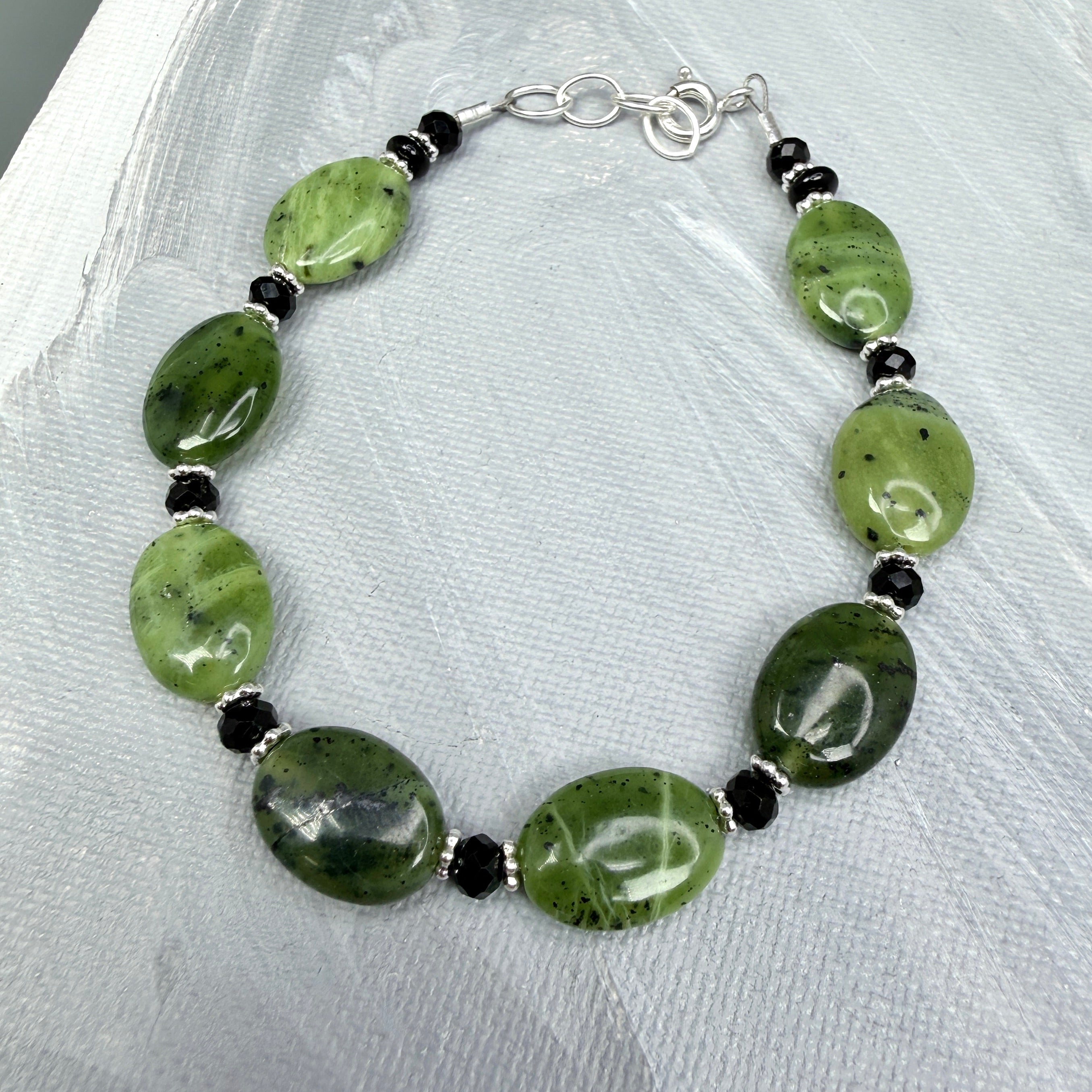 Jade with Black Necklace, Bracelet, Earrings - in silver