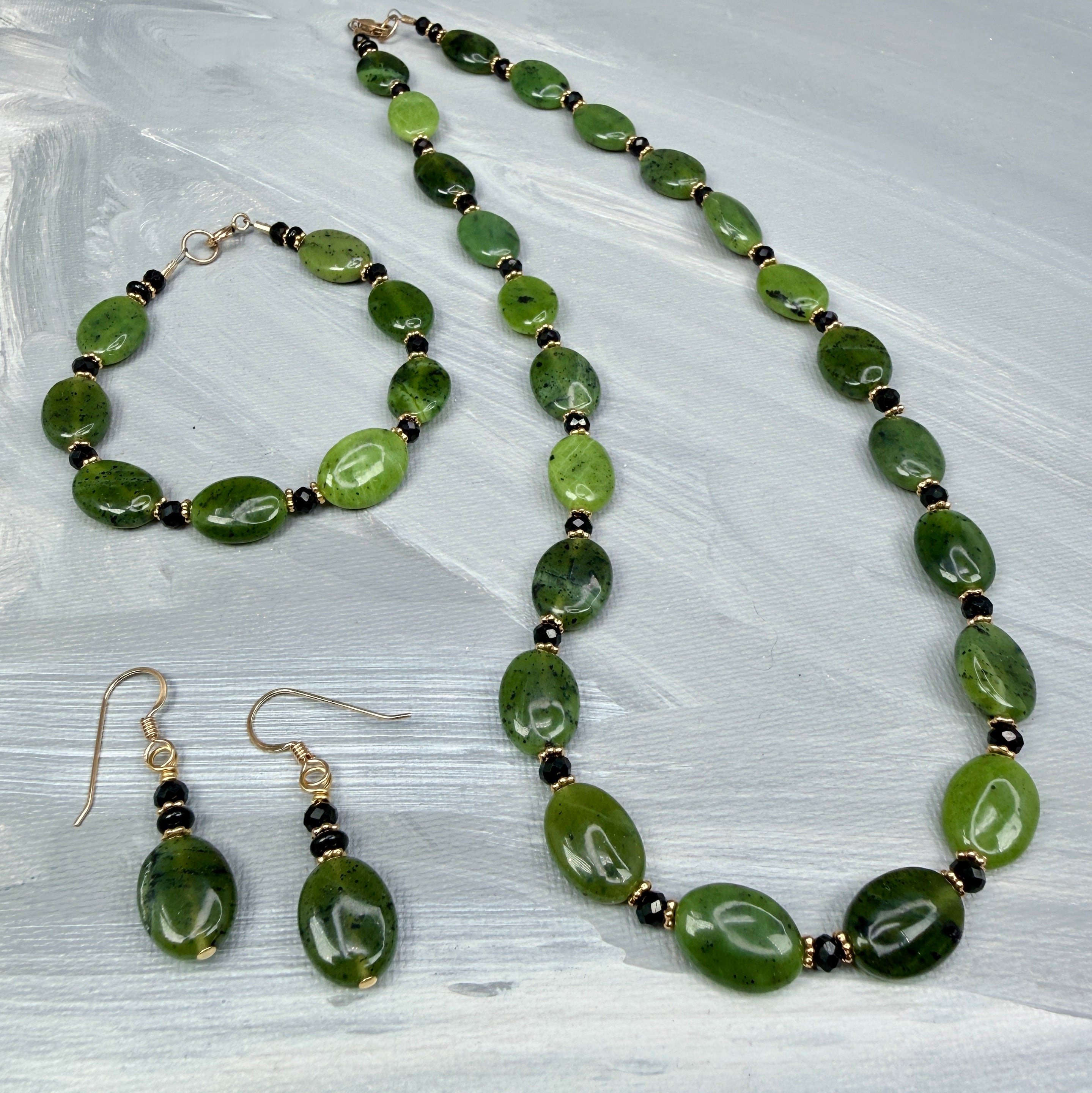 Jade with Black Necklace, Bracelet, Earrings - in gold