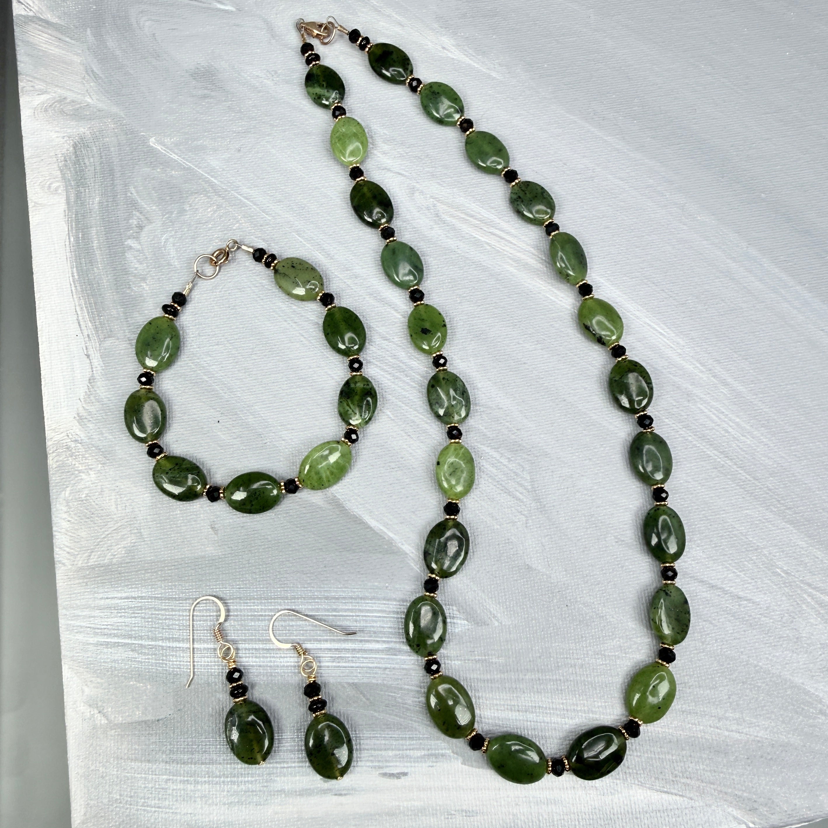 Jade with Black Necklace, Bracelet, Earrings - in gold