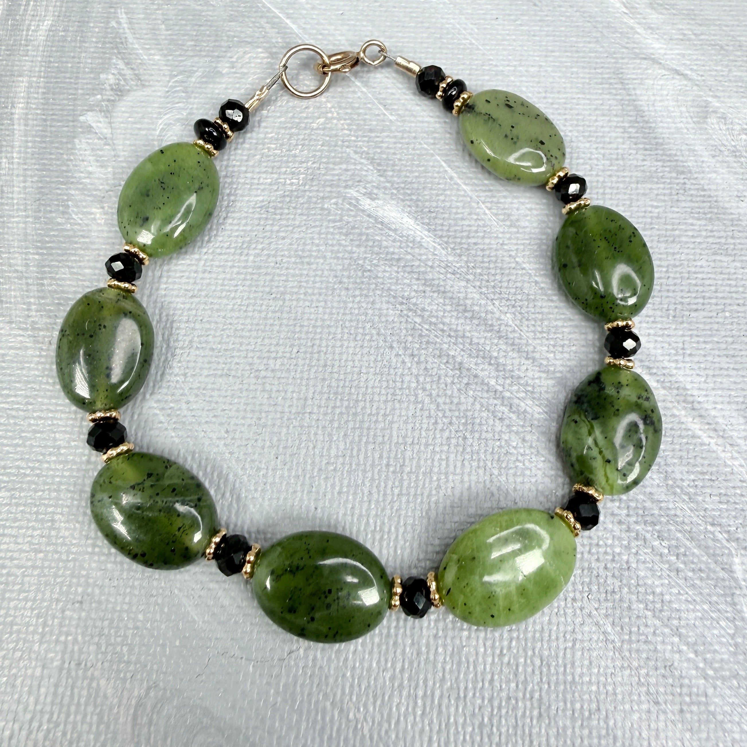 Jade with Black Necklace, Bracelet, Earrings - in gold