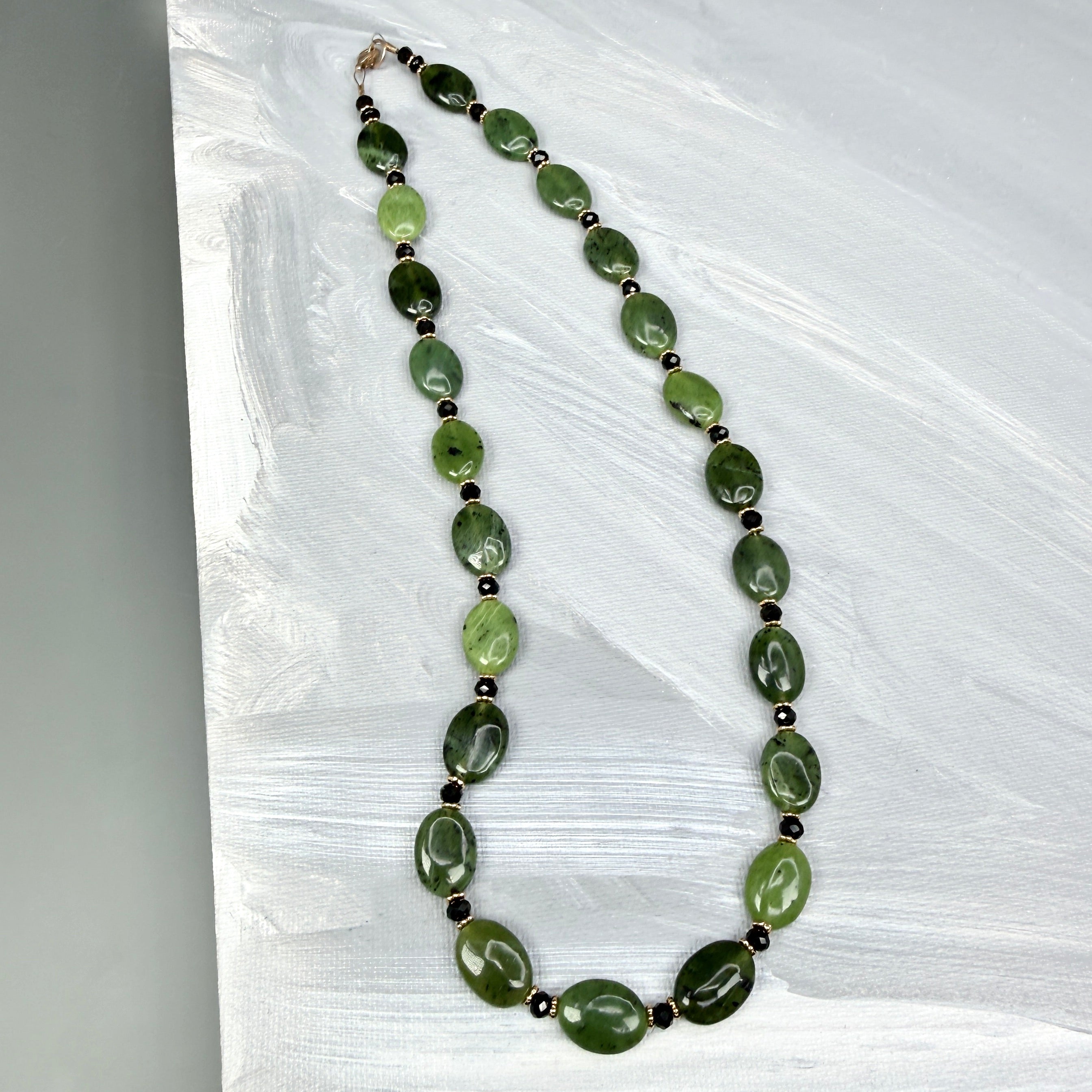 Jade with Black Necklace, Bracelet, Earrings - in gold