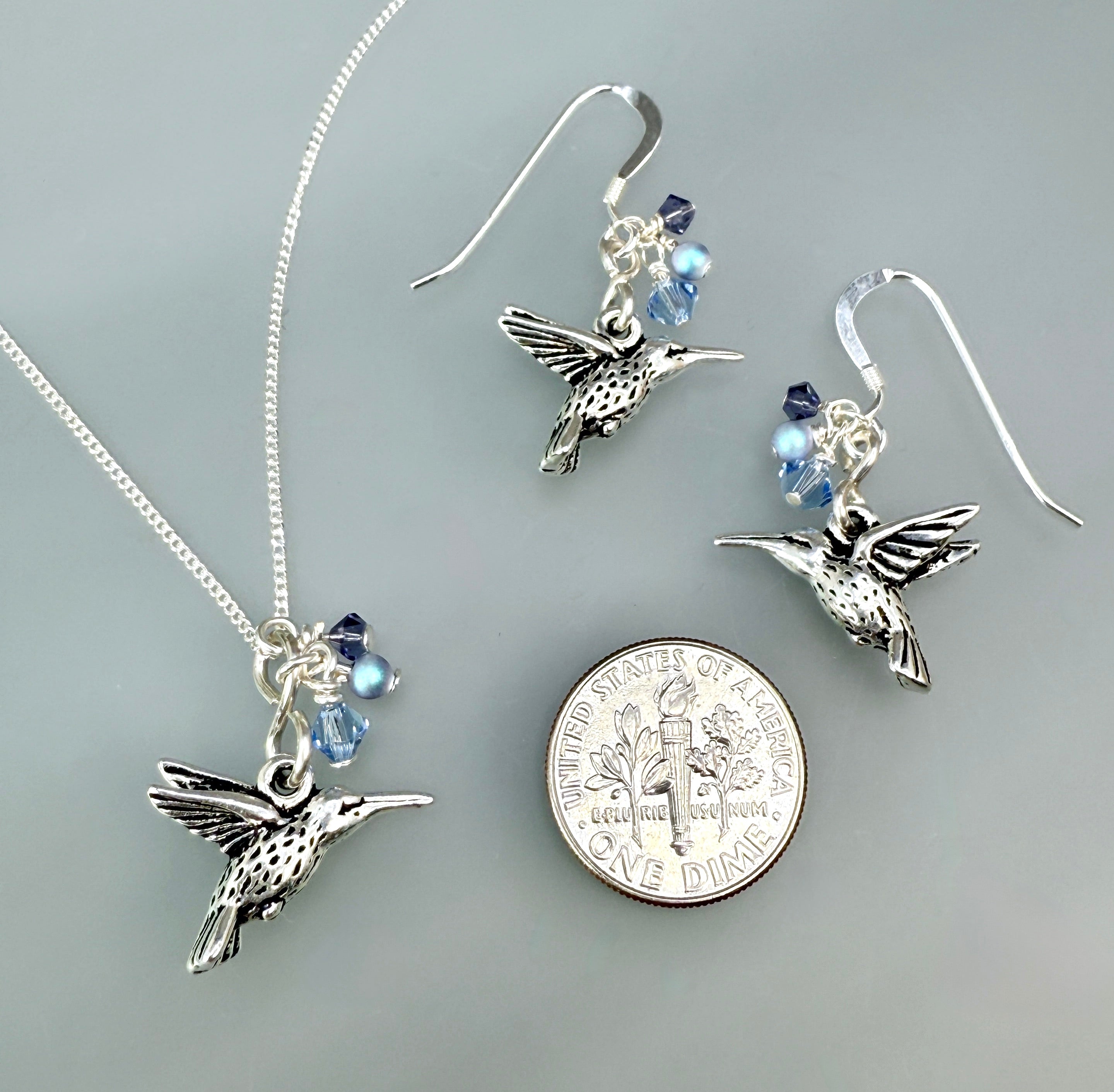 Hummingbird chain necklace and earrings - true blue
