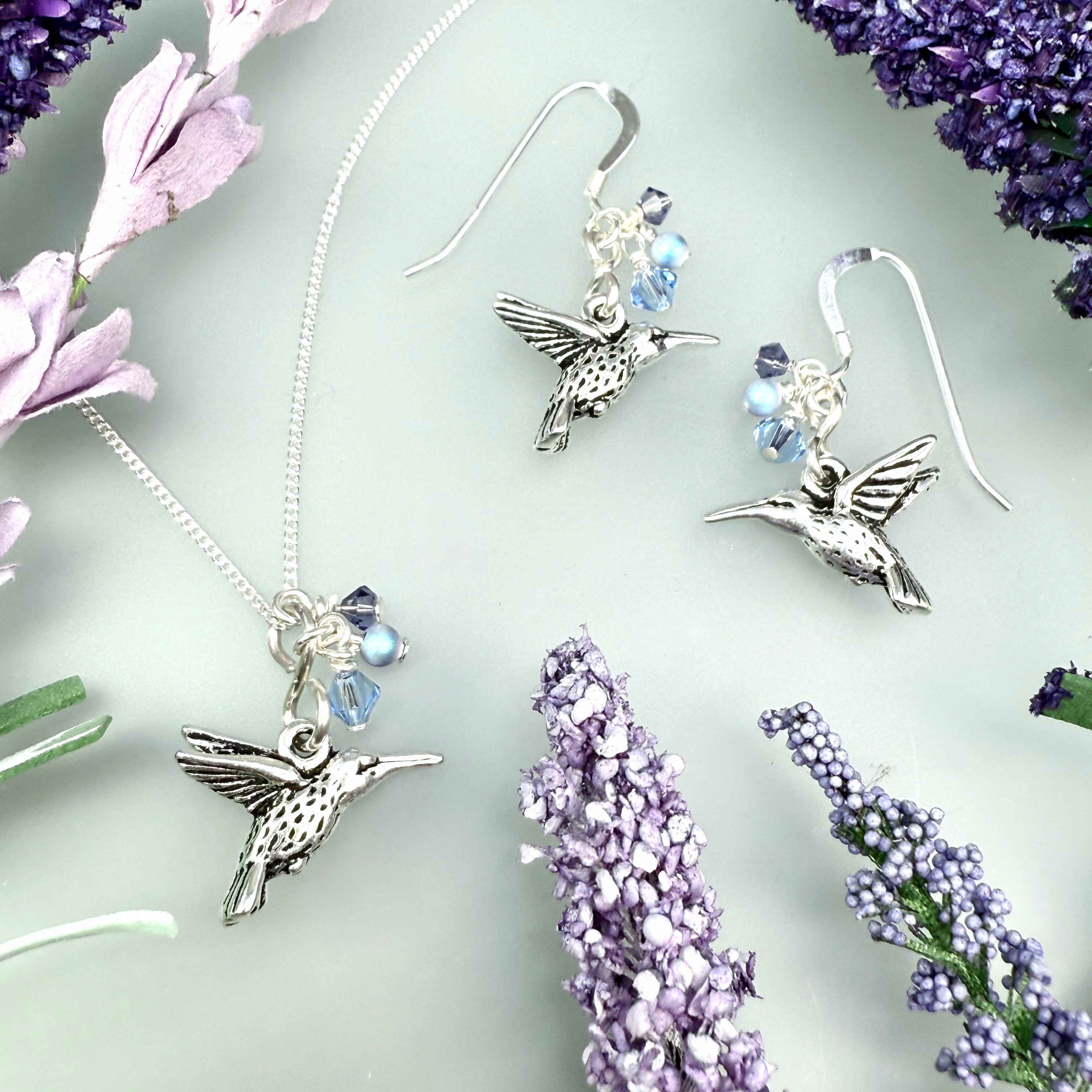 Hummingbird chain necklace and earrings - true blue