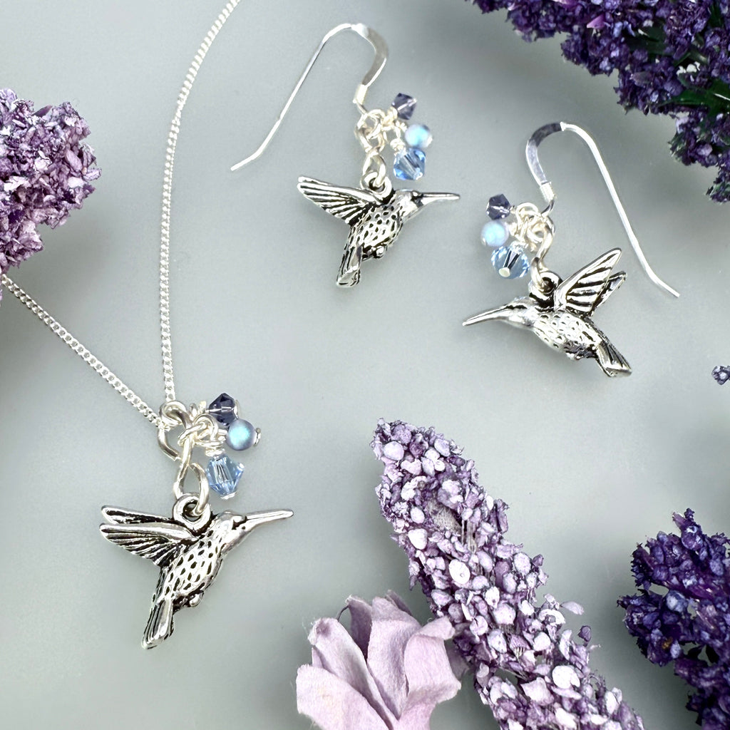 Hummingbird chain necklace and earrings - true blue