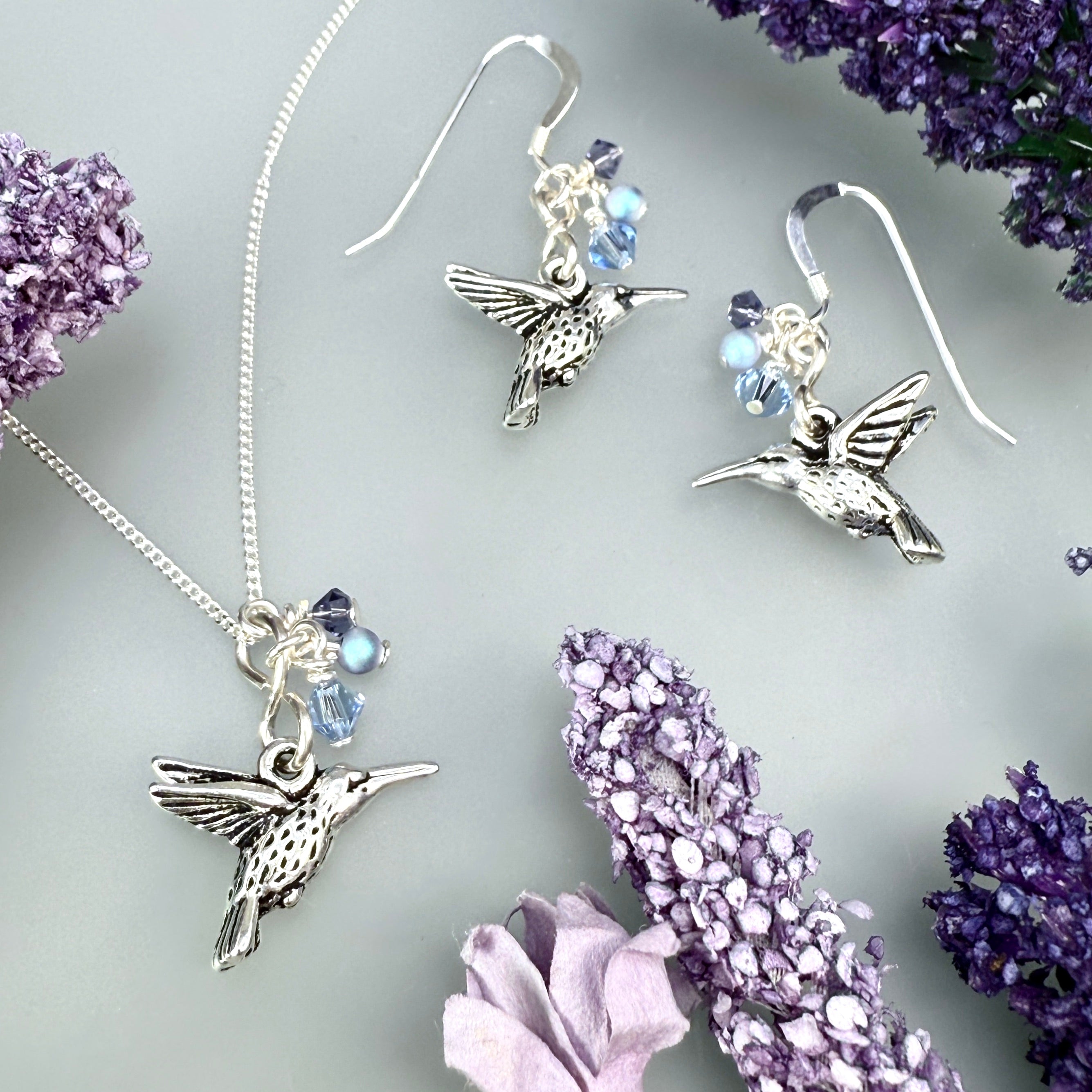 Hummingbird chain necklace and earrings - true blue