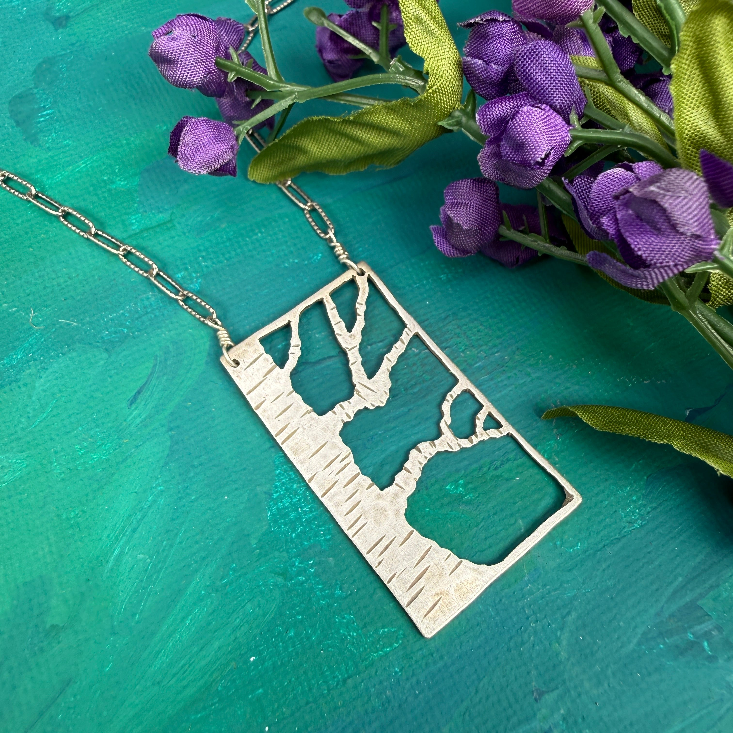 Hand cut Birch Tree Pendant Necklace - #572 - One of a kind