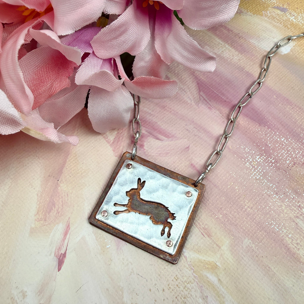 Hand cut Bunny or Hare Pendant Necklace - #668 - One of a kind