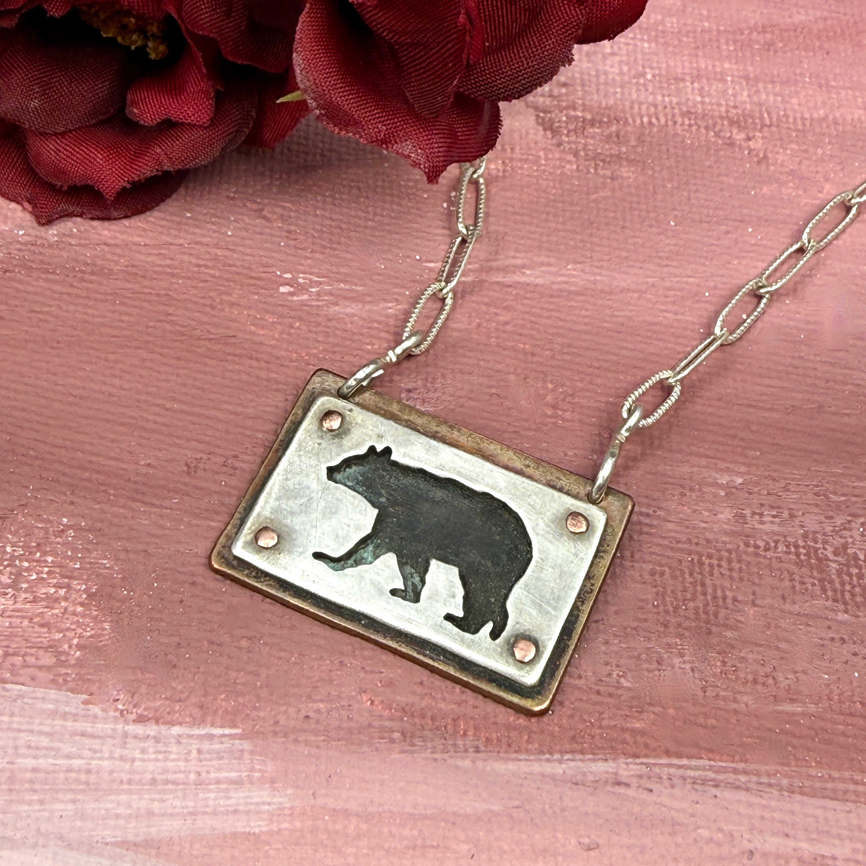Hand cut Bear Pendant Necklace - #674 - One of a kind