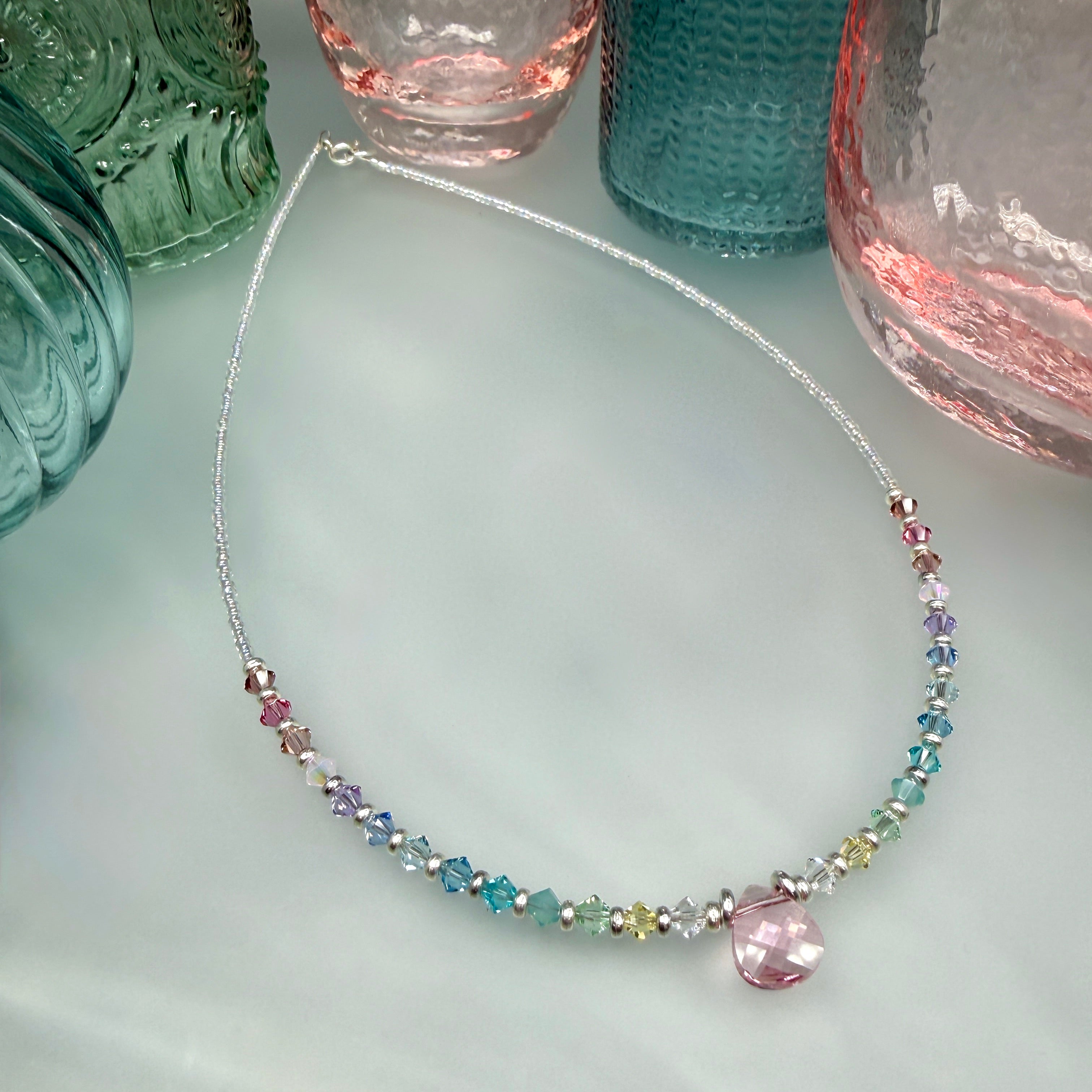 Pastel Gradient Necklace- with pink crystal drop at center