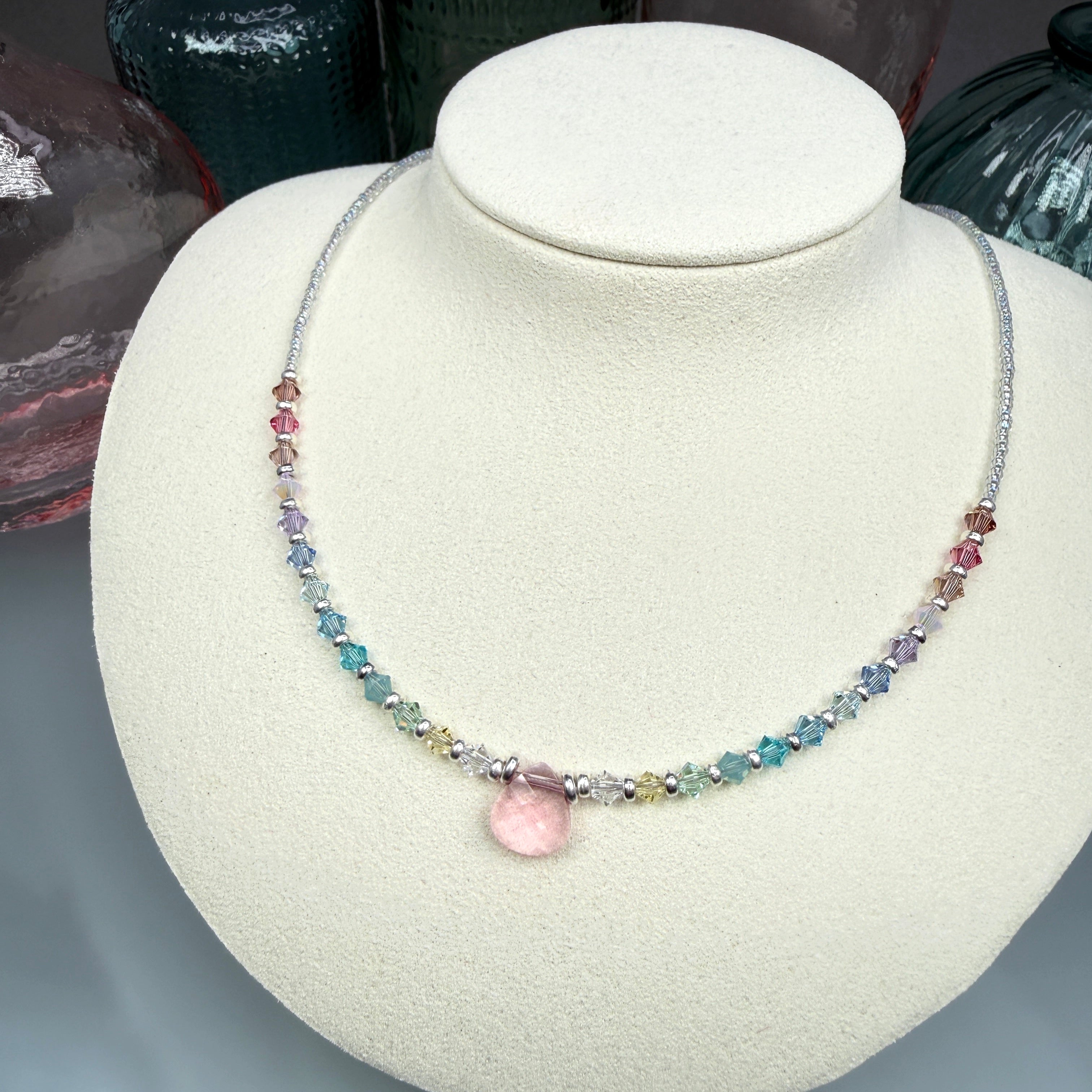 Pastel Gradient Necklace- with pink crystal drop at center