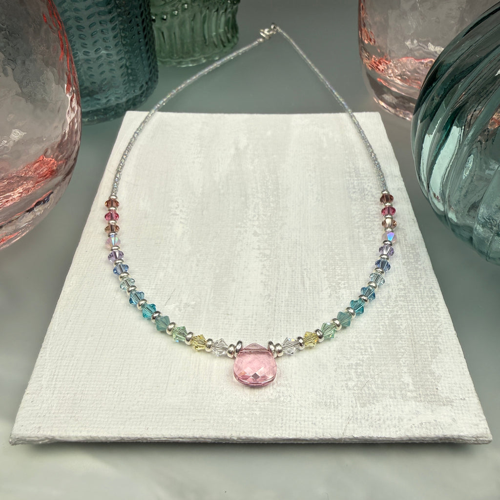 Pastel Gradient Necklace- with pink crystal drop at center