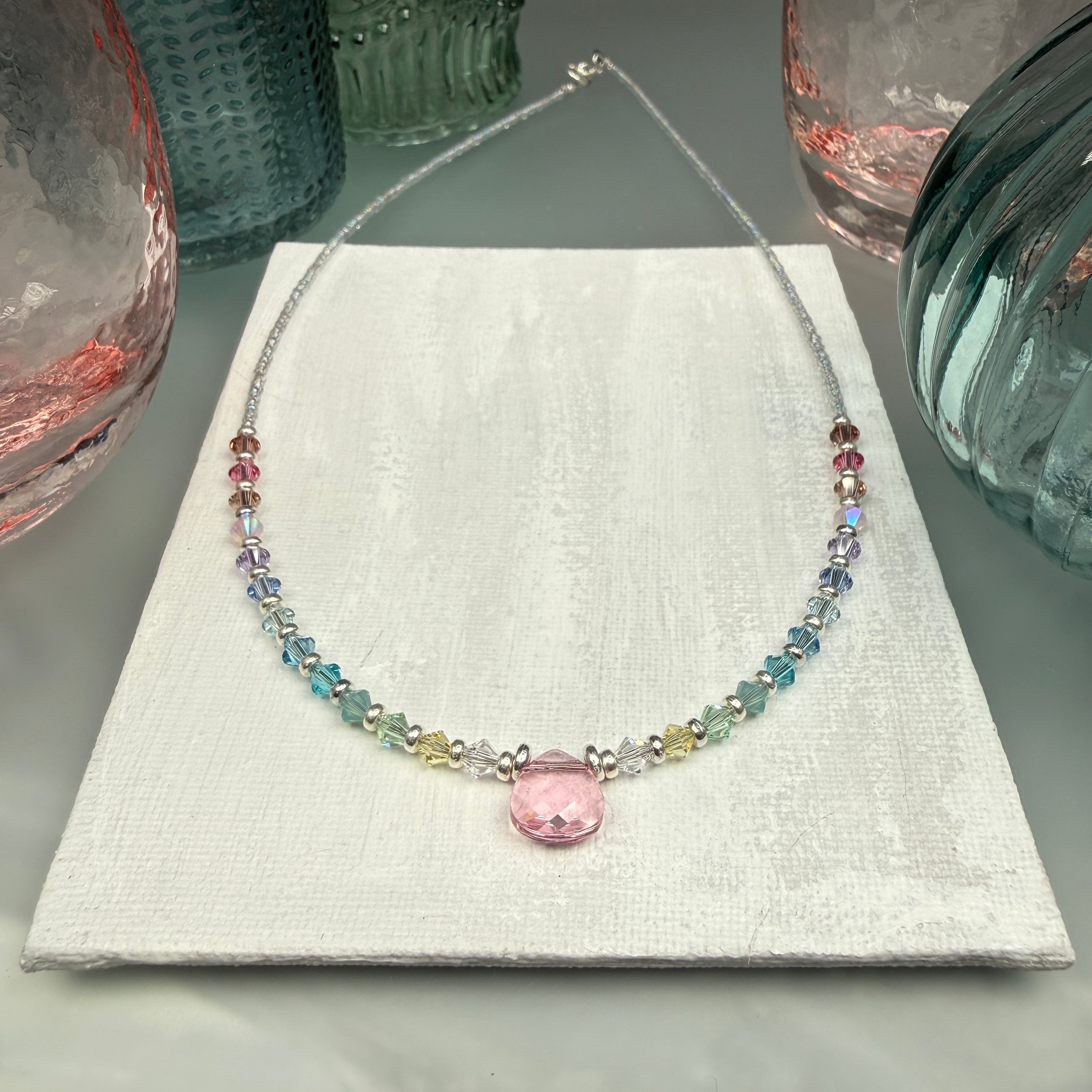 Pastel Gradient Necklace- with pink crystal drop at center